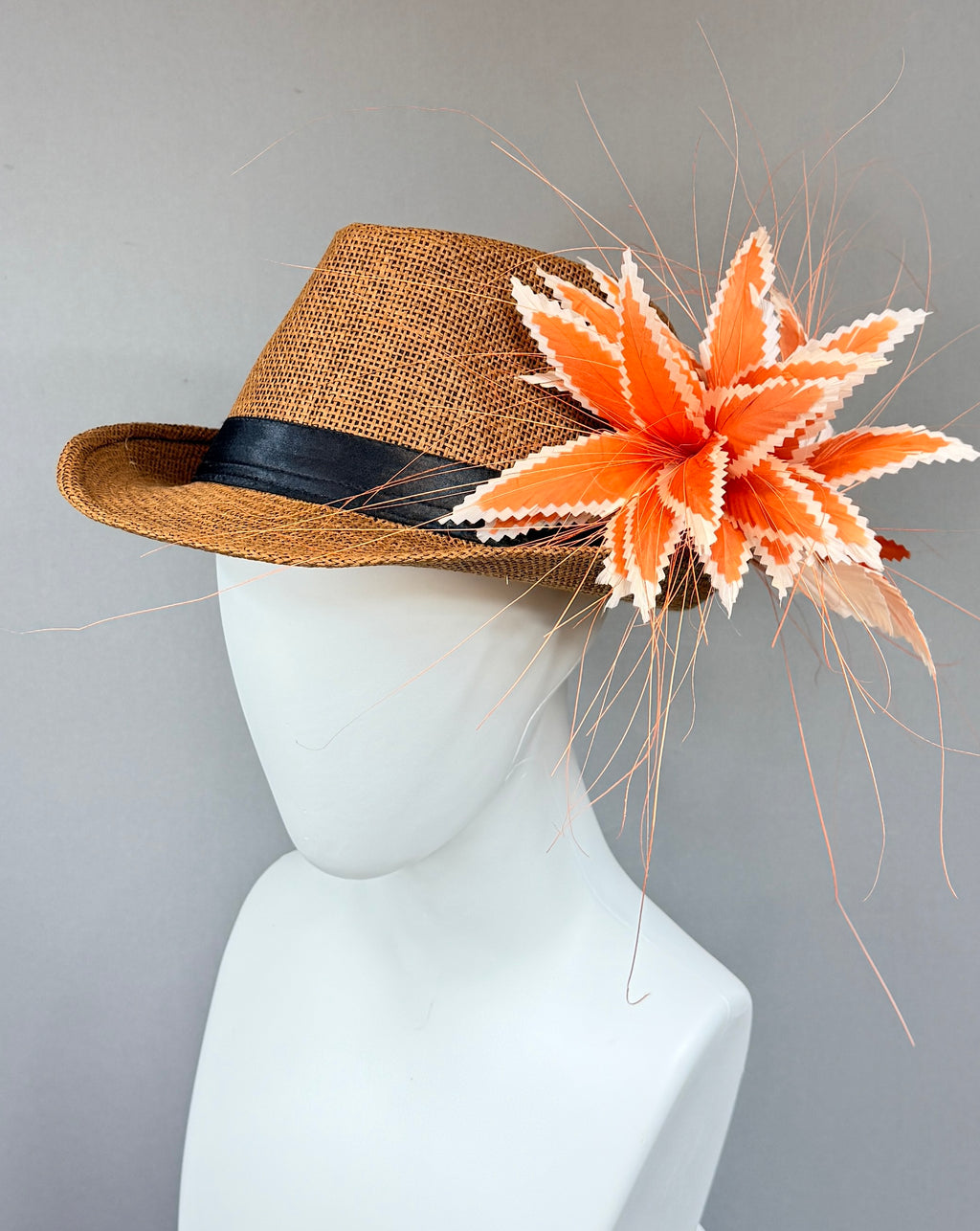 Kentucky Derby Men’s Hat | Brown Straw Fedora, Orange Feather Hat| Derbyologie
