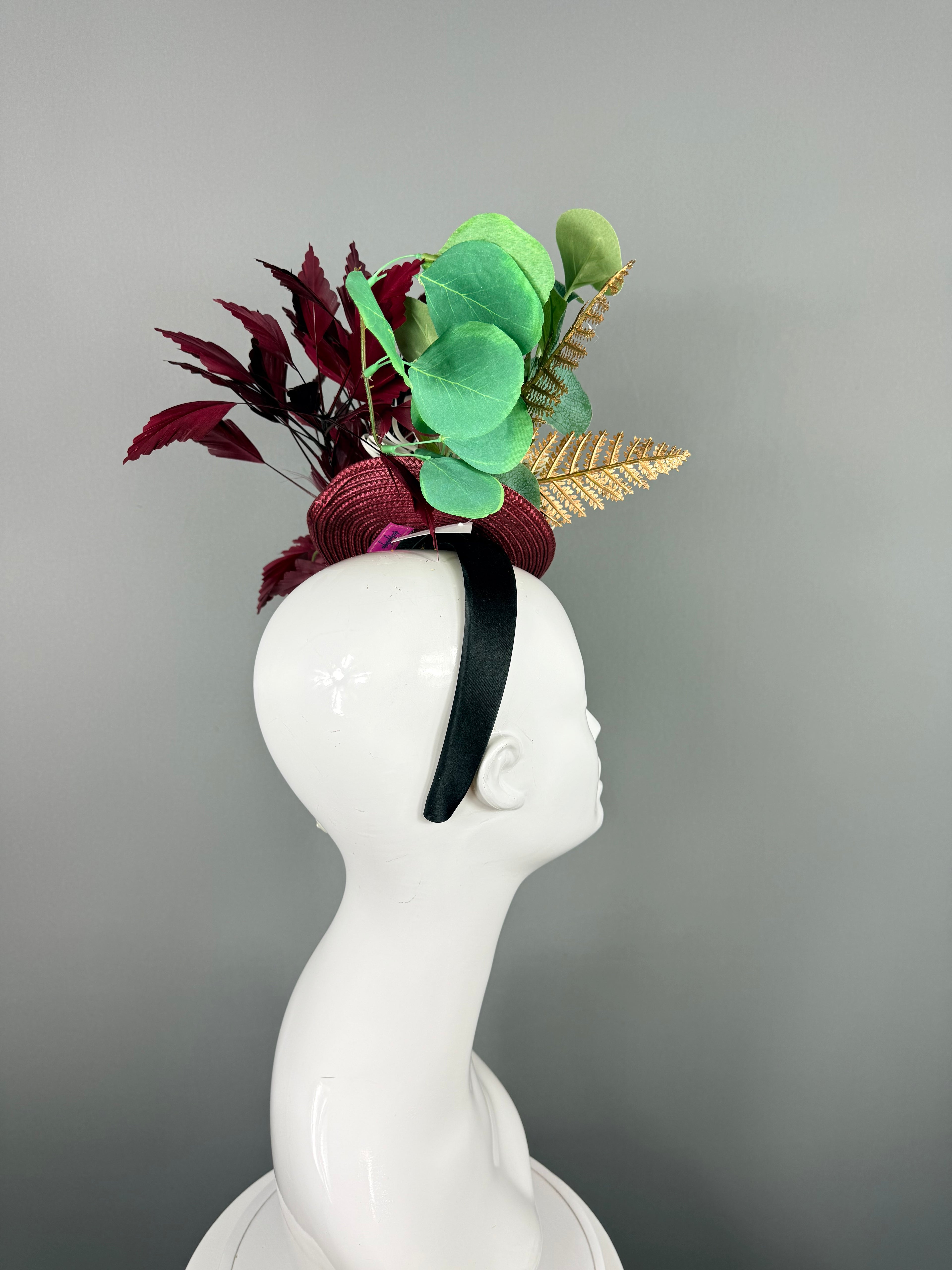Kentucky Derby Fascinator Hat | Burgundy and Gold Headpiece | Derbyologie