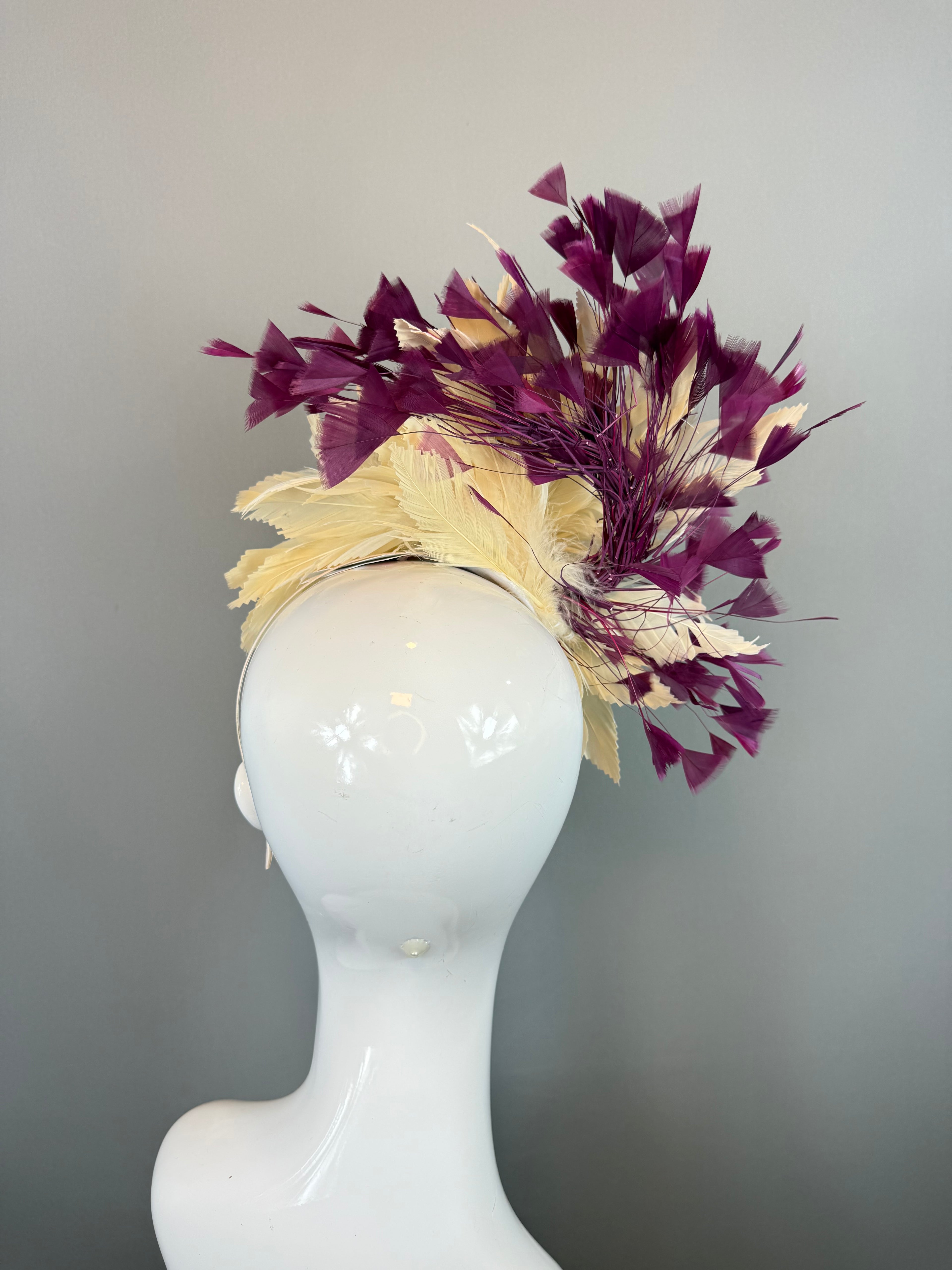 Kentucky Derby Fascinator Hat | Maroon Purple and Ivory Feather Headpiece | Derbyologie
