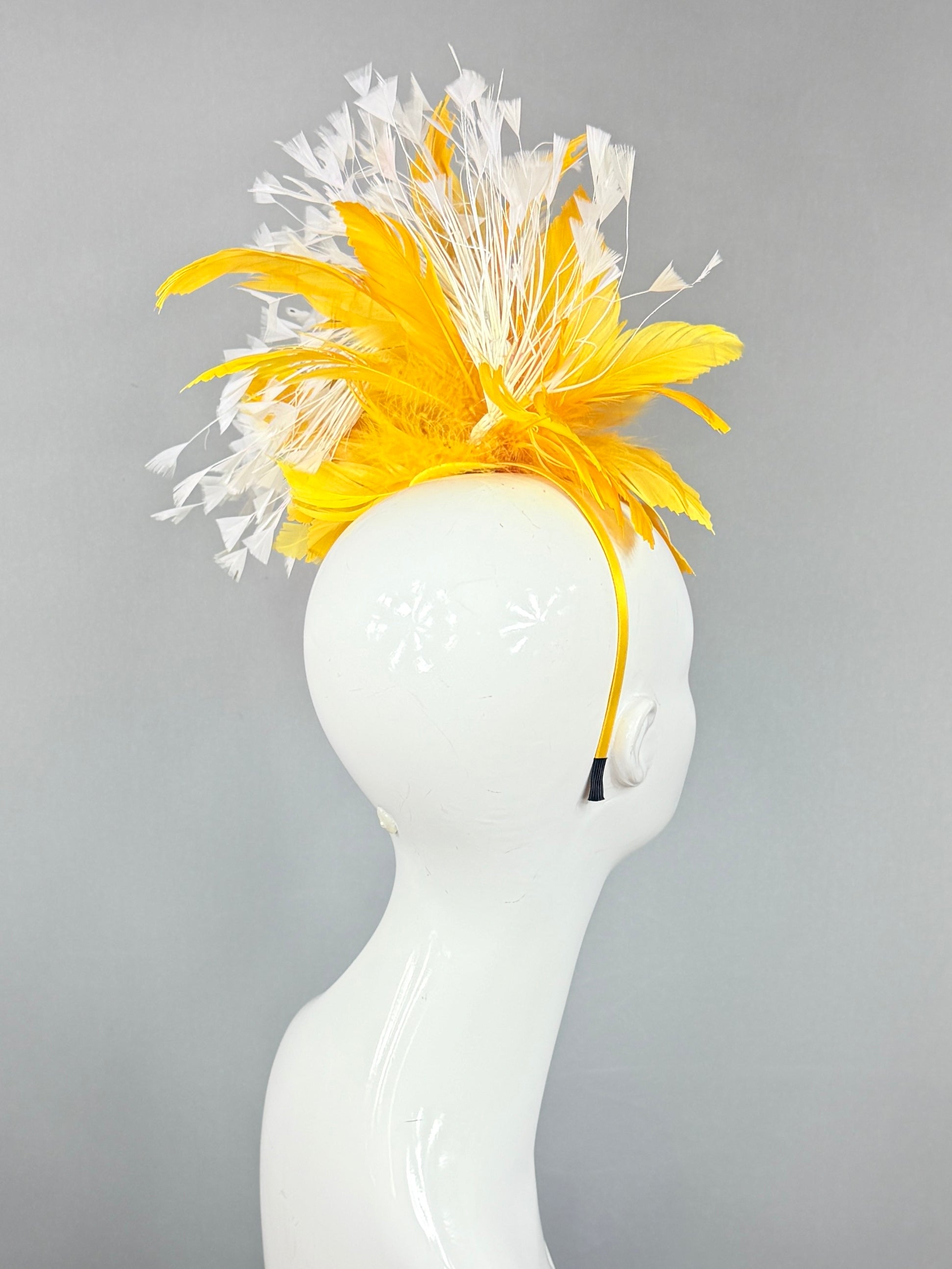 Kentucky Derby Fascinator Hat | White and yellow feathered Headband Hat | Derbyologie