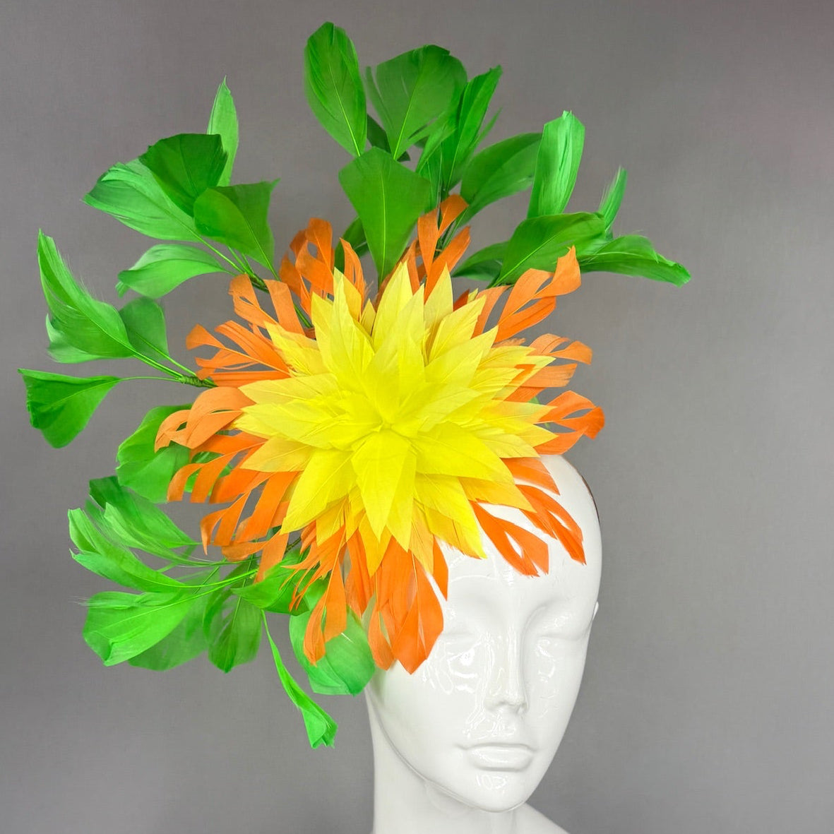 Kentucky Derby Fascinator Hat |  Yellow and Orange feathered dahlia and green feathers Headpiece | Derbyologie