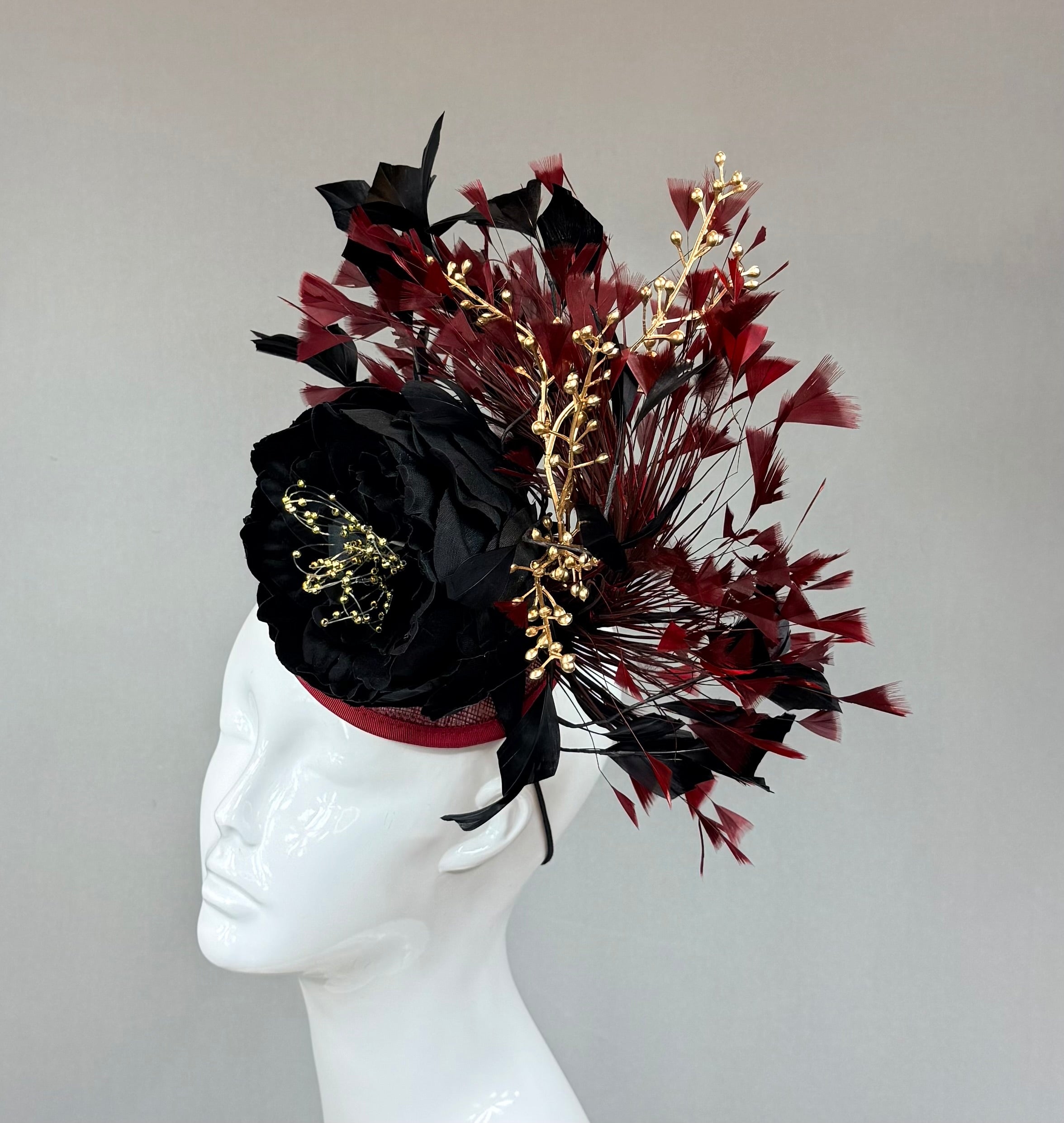 Kentucky Derby Fascinator Hat | Burgundy, Gold and Black Headpiece | Derbyologie