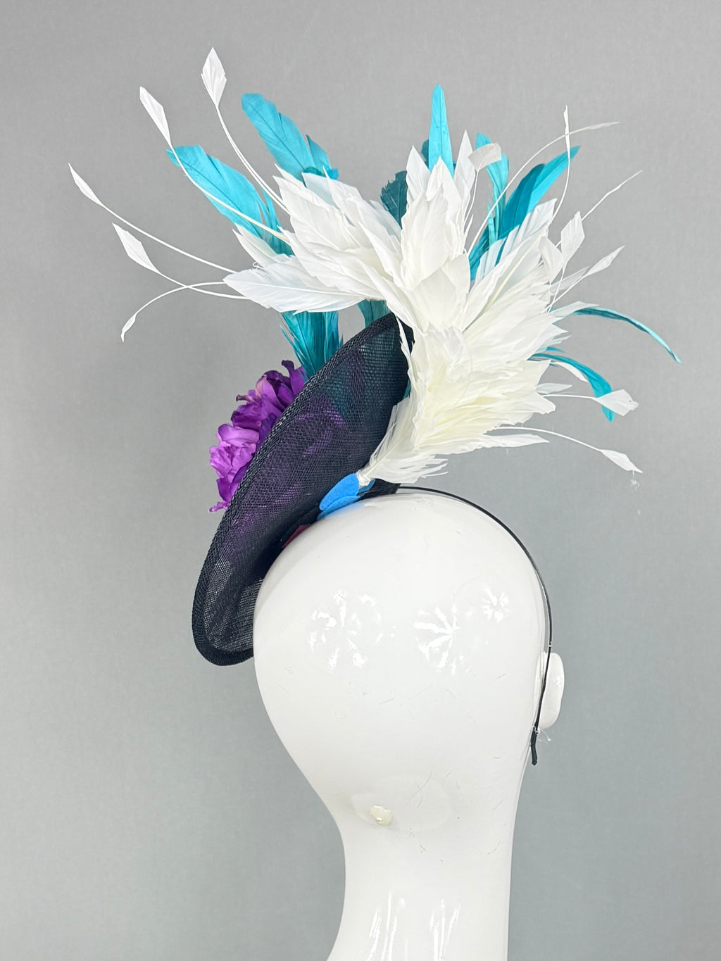 Kentucky Derby Fascinator Hat | Purple, white, teal, and black Headpiece | Derbyologie