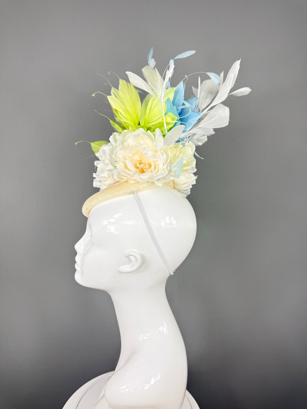 Kentucky Derby Fascinator Hat |White, Lime & Blue Feather Headpiece | Derbyologie