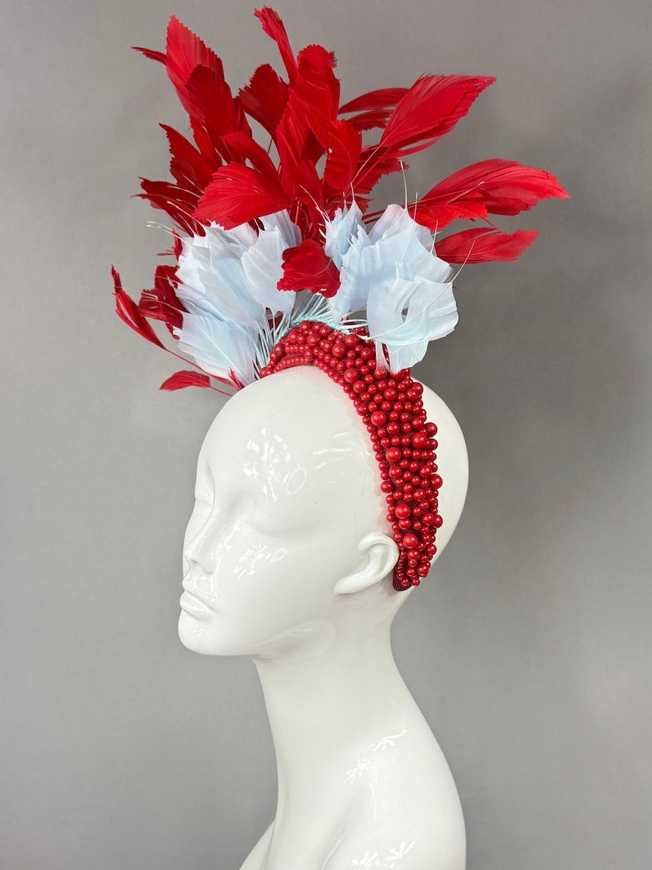 Kentucky Derby Fascinator Hat | Red and light blue feathered Headpiece | Derbyologie