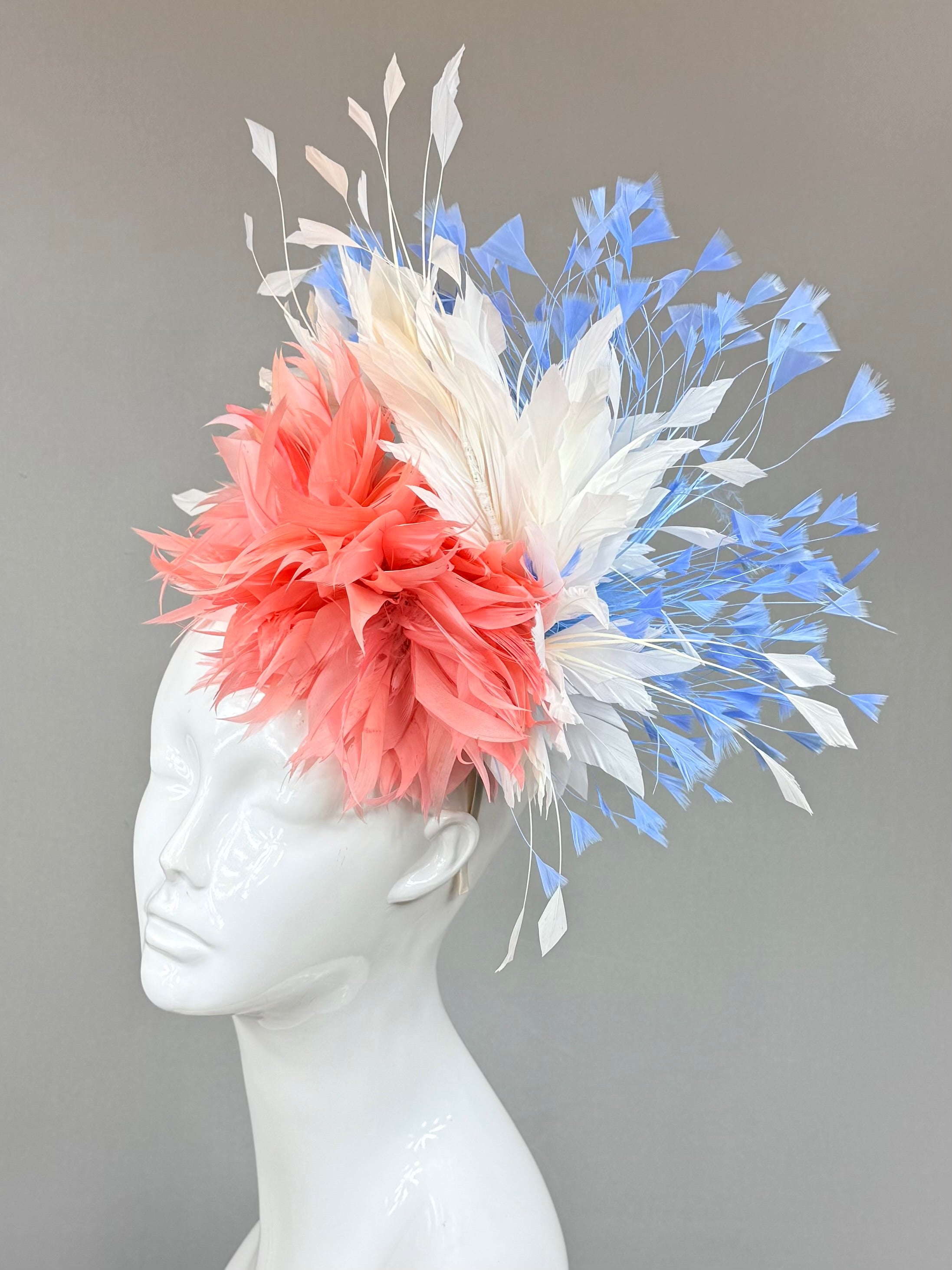 Kentucky Derby Fascinator Hat | Coral, white, and blue feathered Headband Hat | Derbyologie