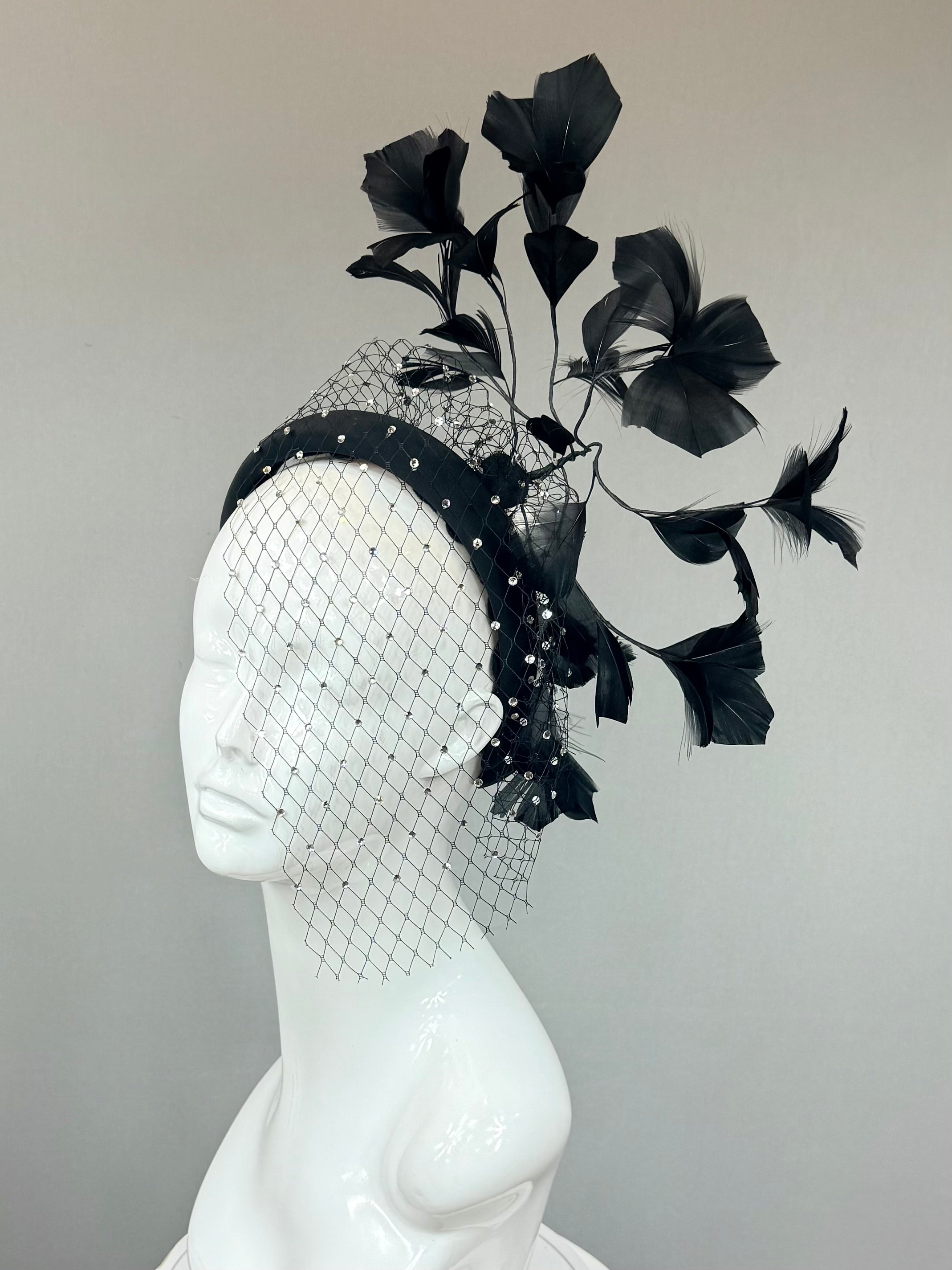 Kentucky Derby Fascinator Hat | Black Rhinestone Feather Hat | Derbyologie