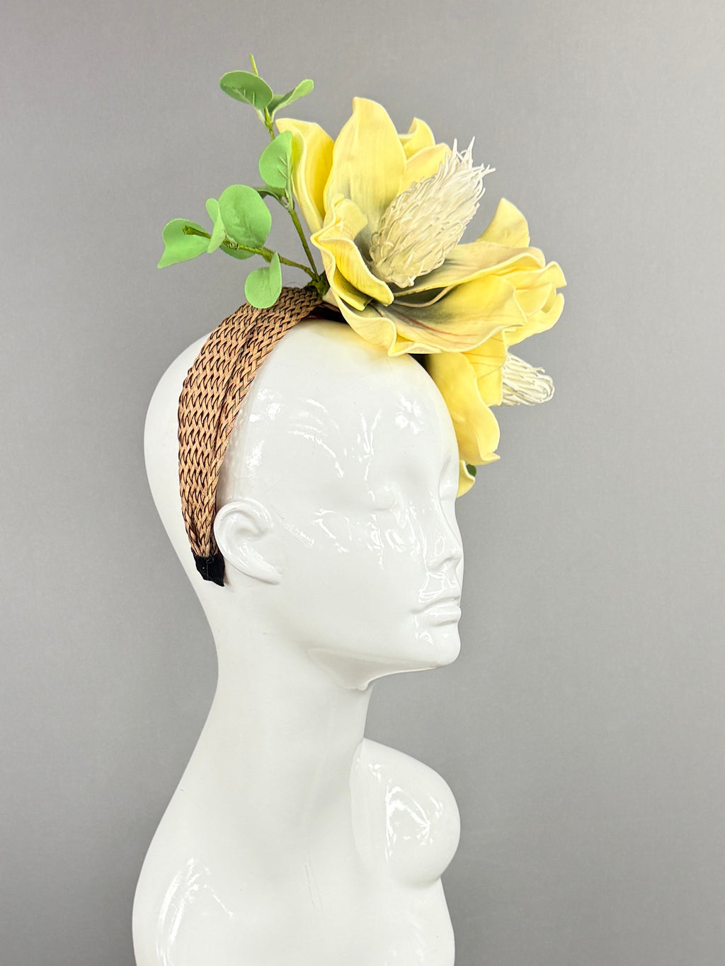 Kentucky Derby Fascinator Hat | Yellow magnolias with green eucalyptus Headpiece | Derbyologie