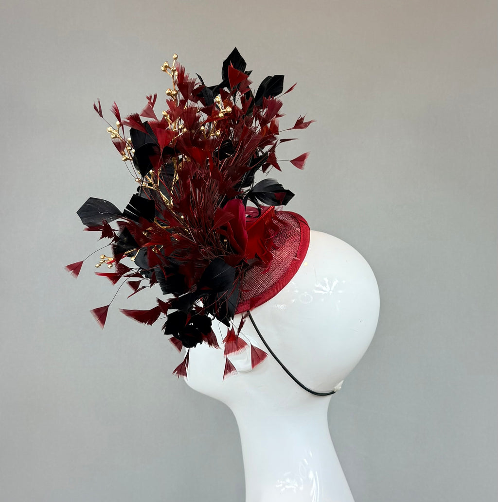 Kentucky Derby Fascinator Hat | Burgundy, Gold and Black Headpiece | Derbyologie