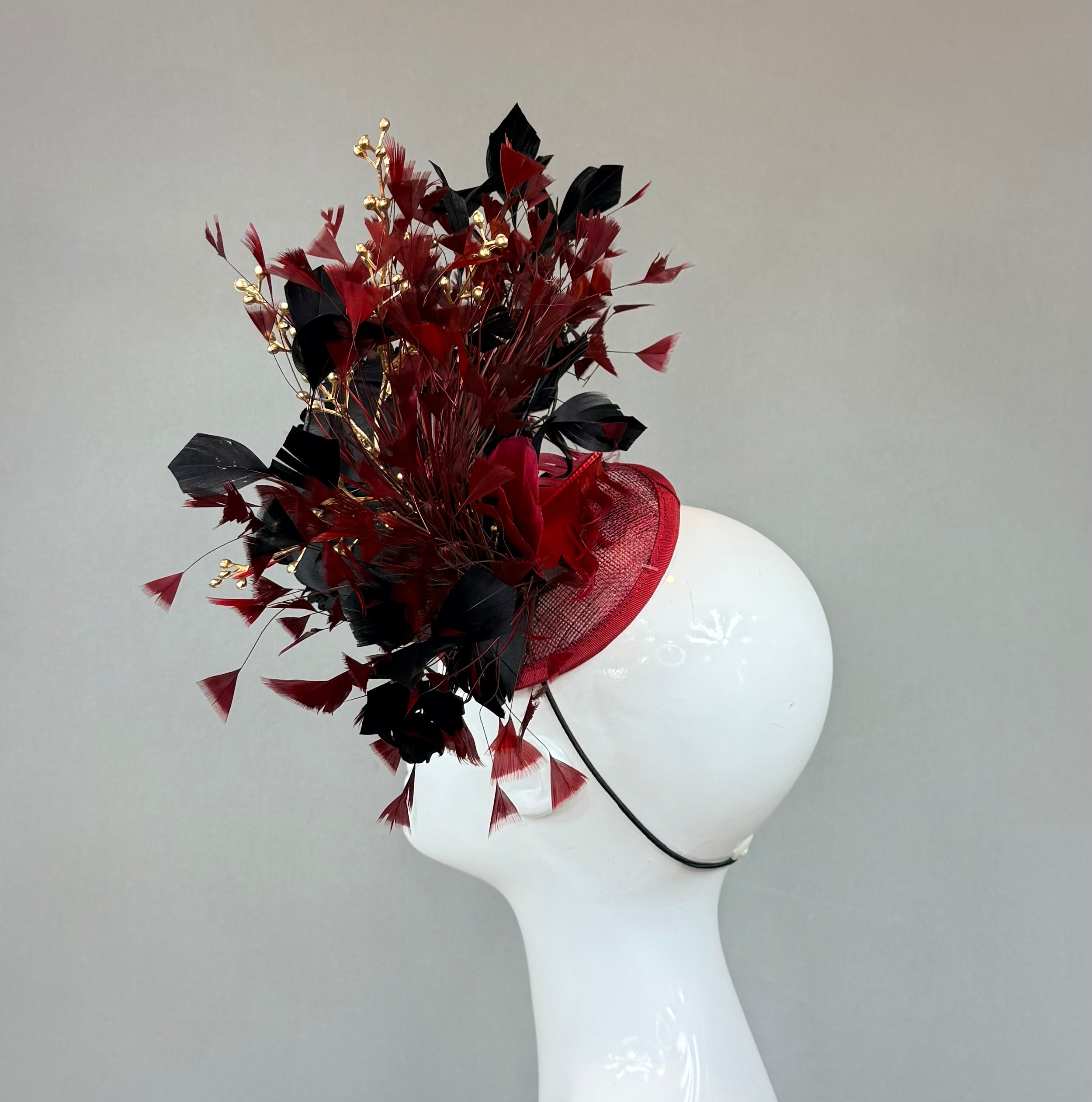 Kentucky Derby Fascinator Hat | Burgundy, Gold and Black Headpiece | Derbyologie