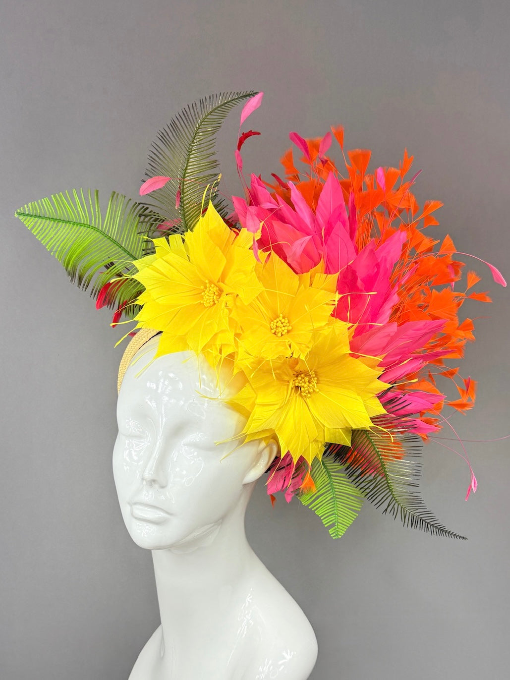 Kentucky Derby Fascinator Hat | Yellow dahlias, pink and orange feathers Headpiece | Derbyologie