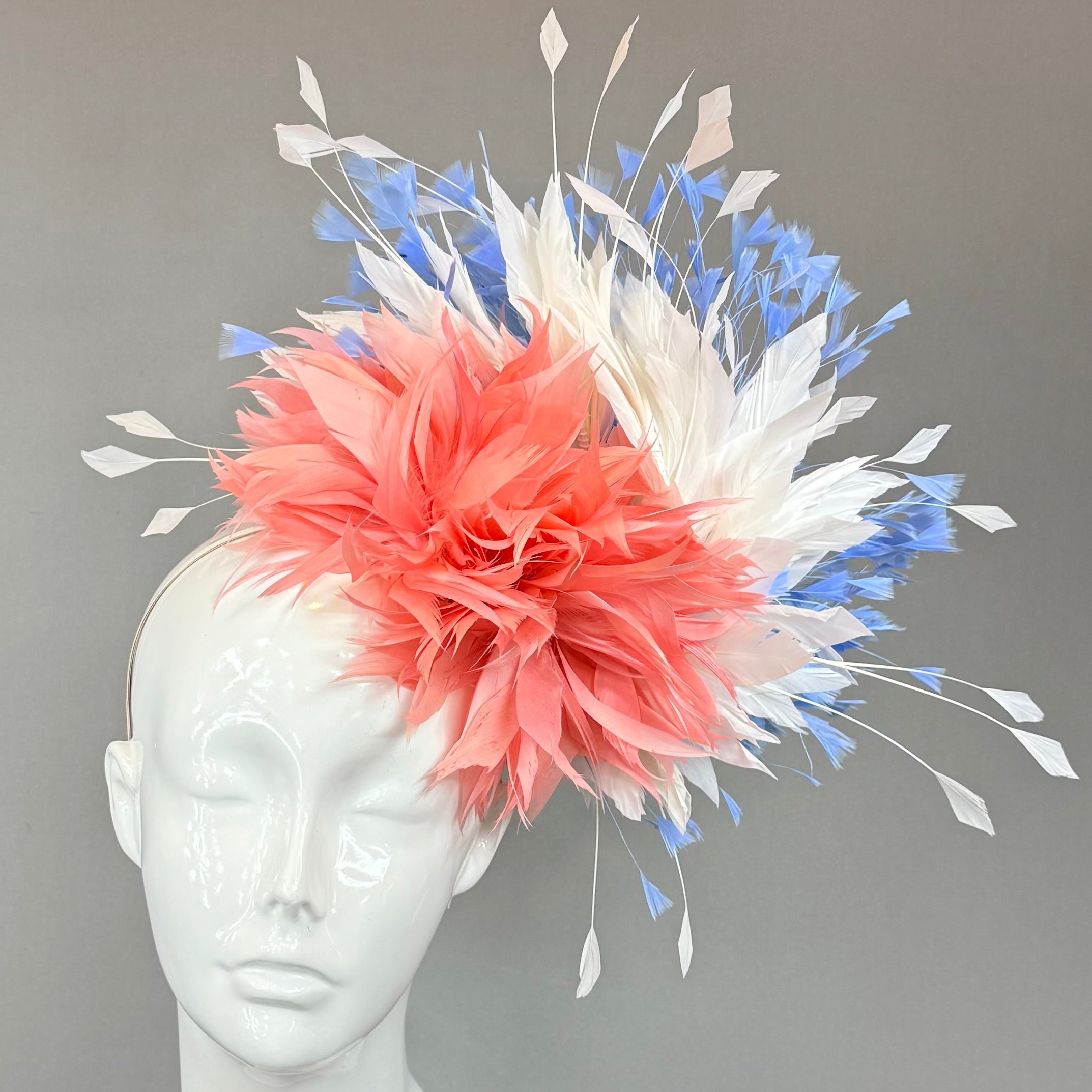 Kentucky Derby Fascinator Hat | Coral, white, and blue feathered Headband Hat | Derbyologie