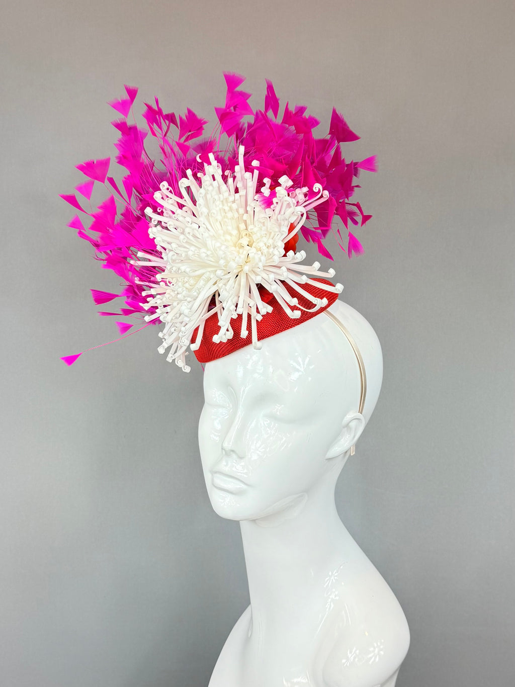 Kentucky Derby Fascinator Hat | Pink, Red & white Feather Headpiece | Derbyologie