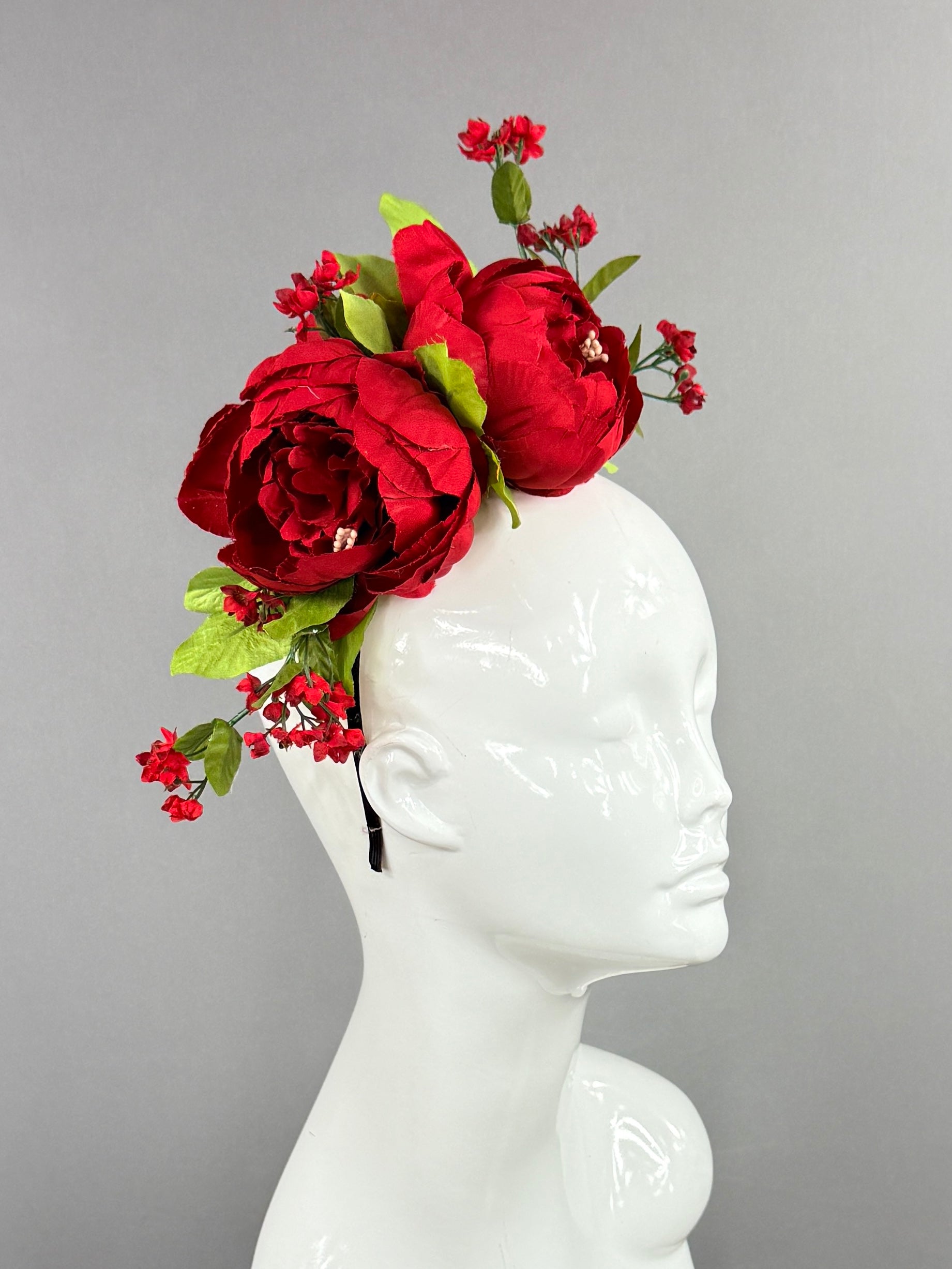 Kentucky Derby Fascinator Hat | Red peonies with green leaves  Headpiece | Derbyologie