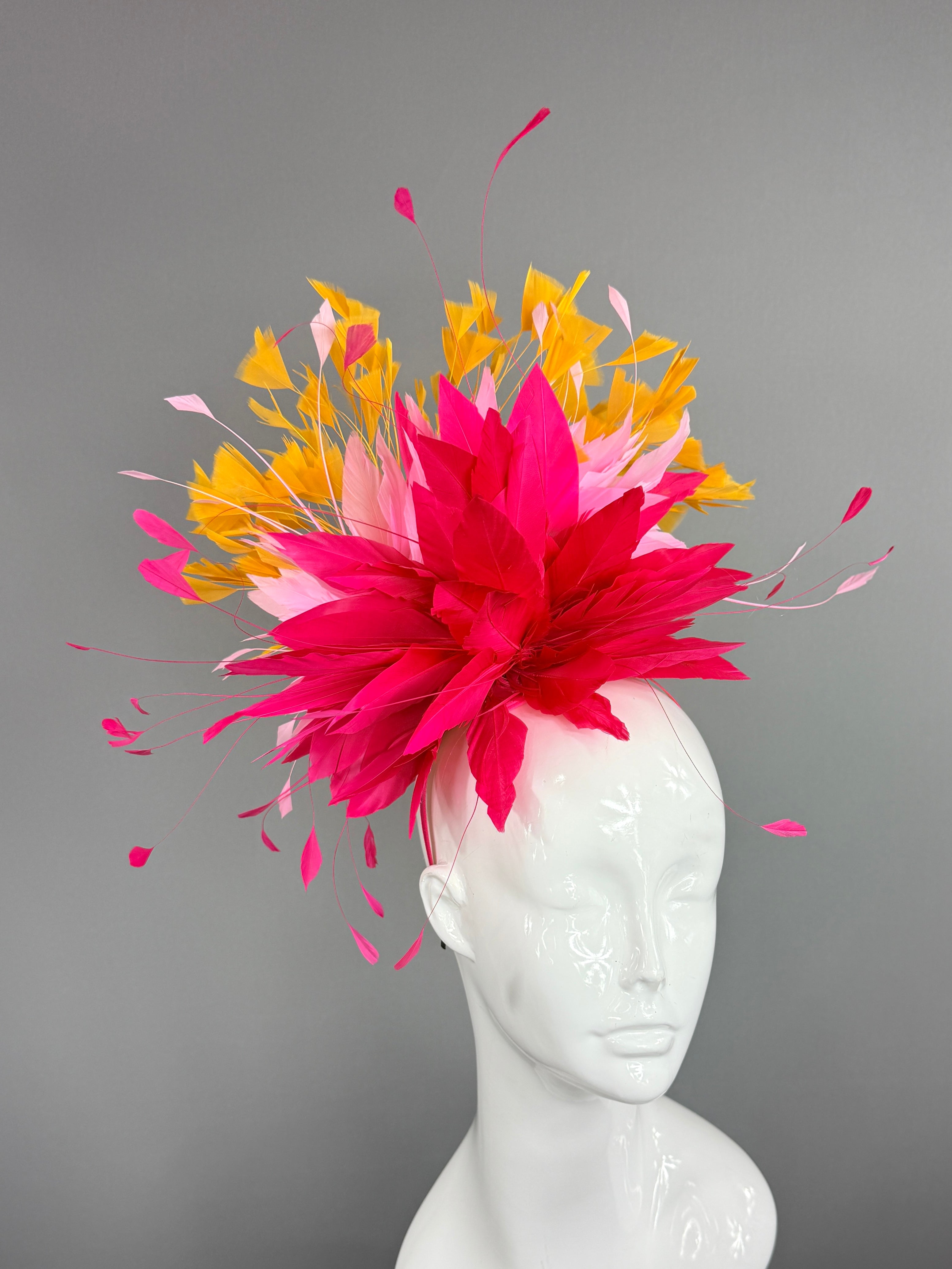 Kentucky Derby Fascinator Hat | fuchsia, pink, and yellow feathered Headpiece | Derbyologie