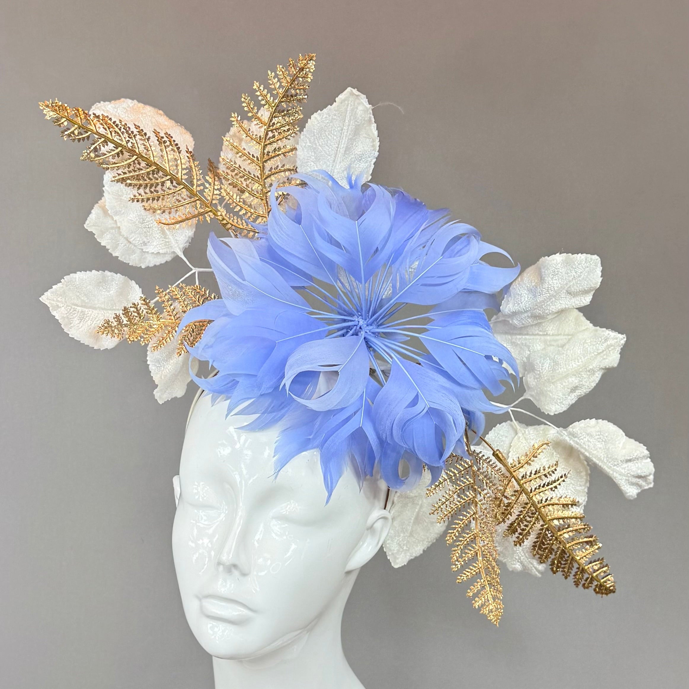 Kentucky Derby Fascinator Hat | Blue and Gold Feather Flower Headpiece | Derbyologie