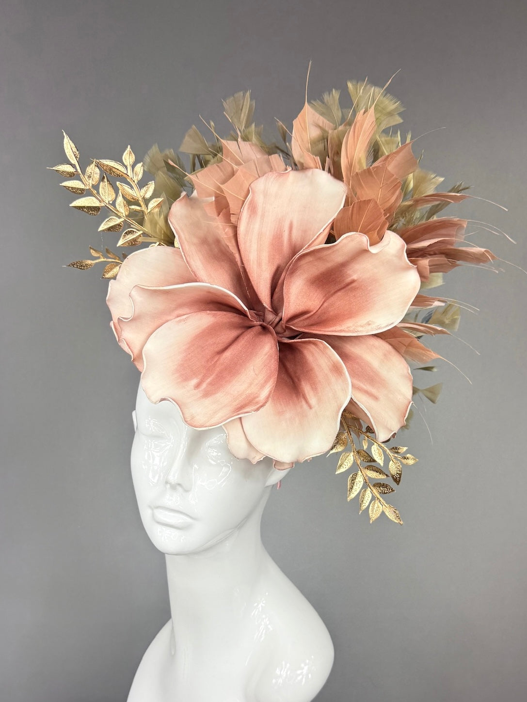 Kentucky Derby Fascinator Hat |  oversized blush magnolia, gold and beige accents Headpiece | Derbyologie