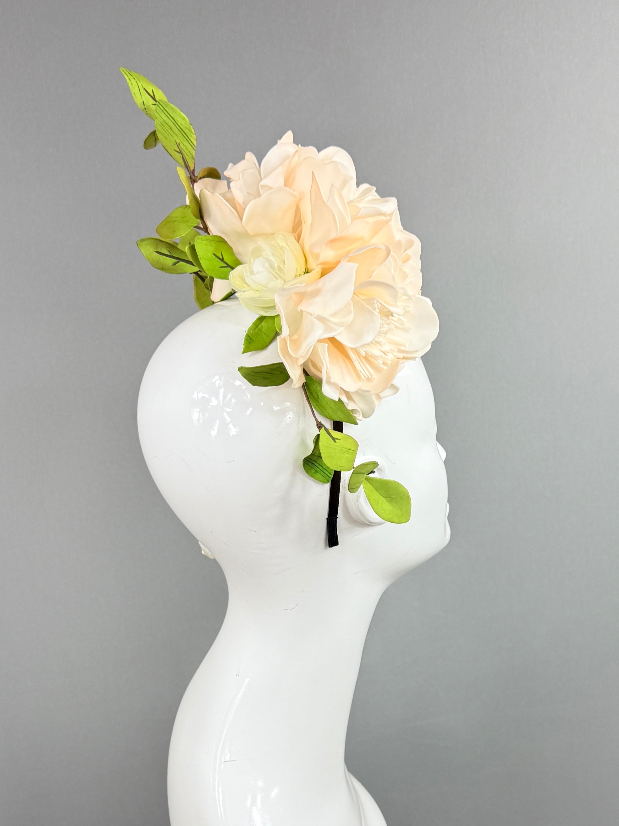 Kentucky Derby Fascinator Hat | Cream flowers and green leaves Headpiece | Derbyologie