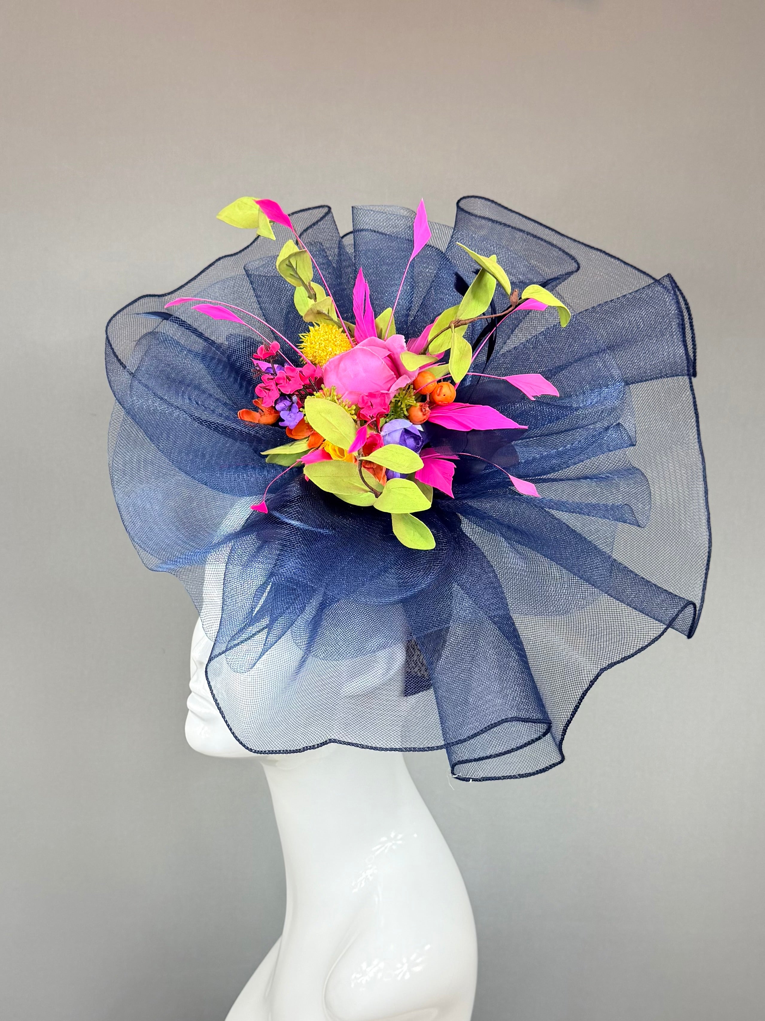 Kentucky Derby Fascinator Hat | Navy blue and colorful bouquet Headband Hat | Derbyologie