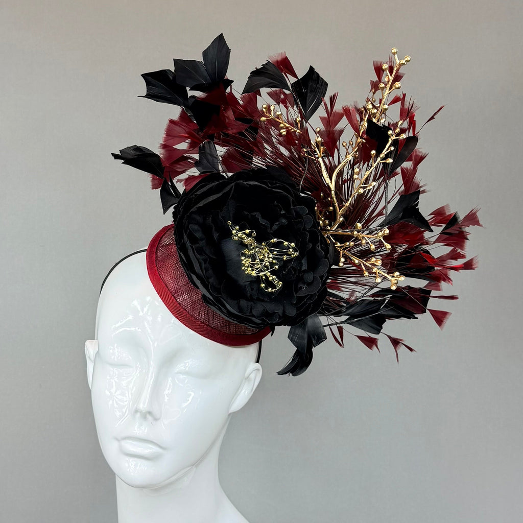 Kentucky Derby Fascinator Hat | Burgundy, Gold and Black Headpiece | Derbyologie