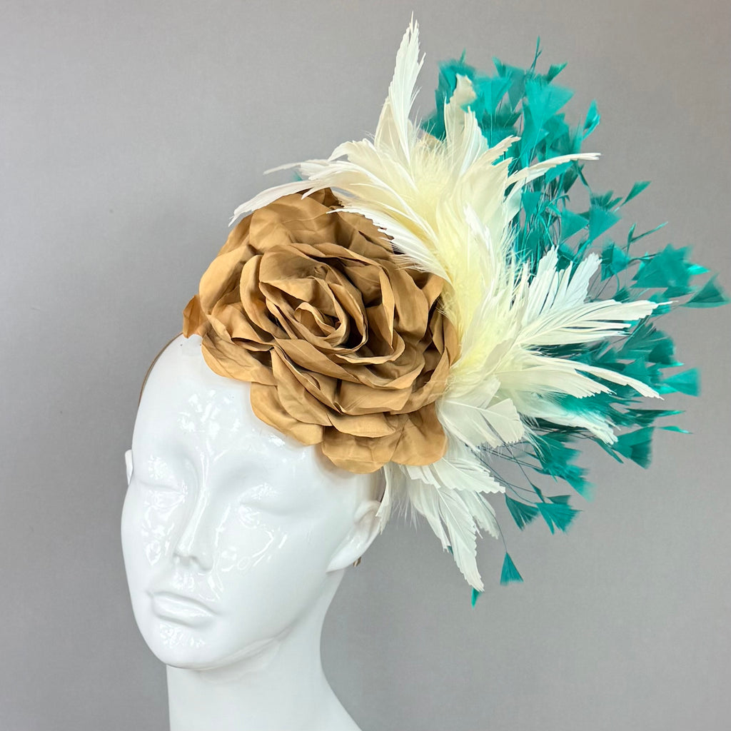 Kentucky Derby Fascinator Hat | Tan, Cream and Teal Headpiece | Derbyologie
