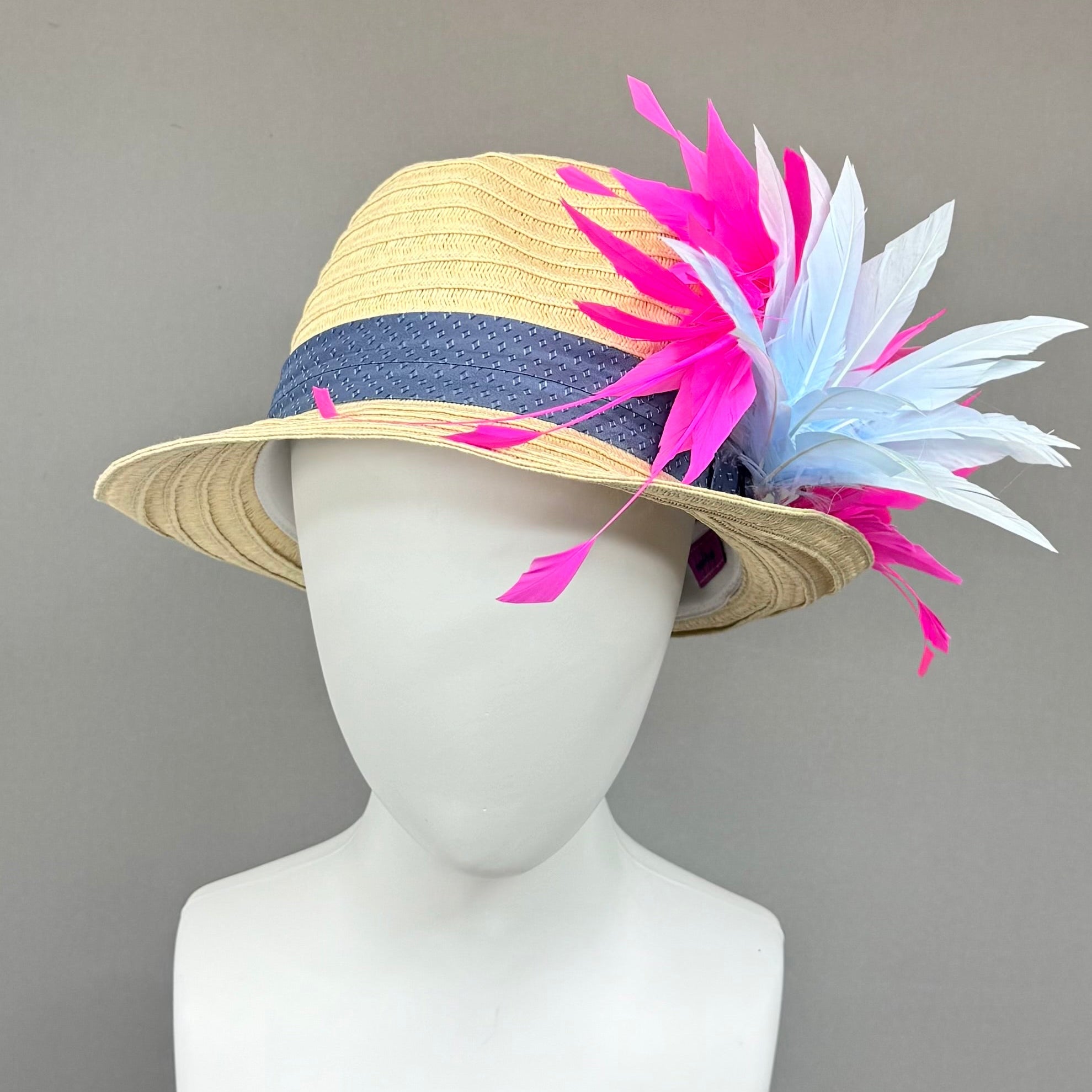 Kentucky Derby Men’s Hat | Straw Fedora, Blue & Pink Feather Hat| Derbyologie