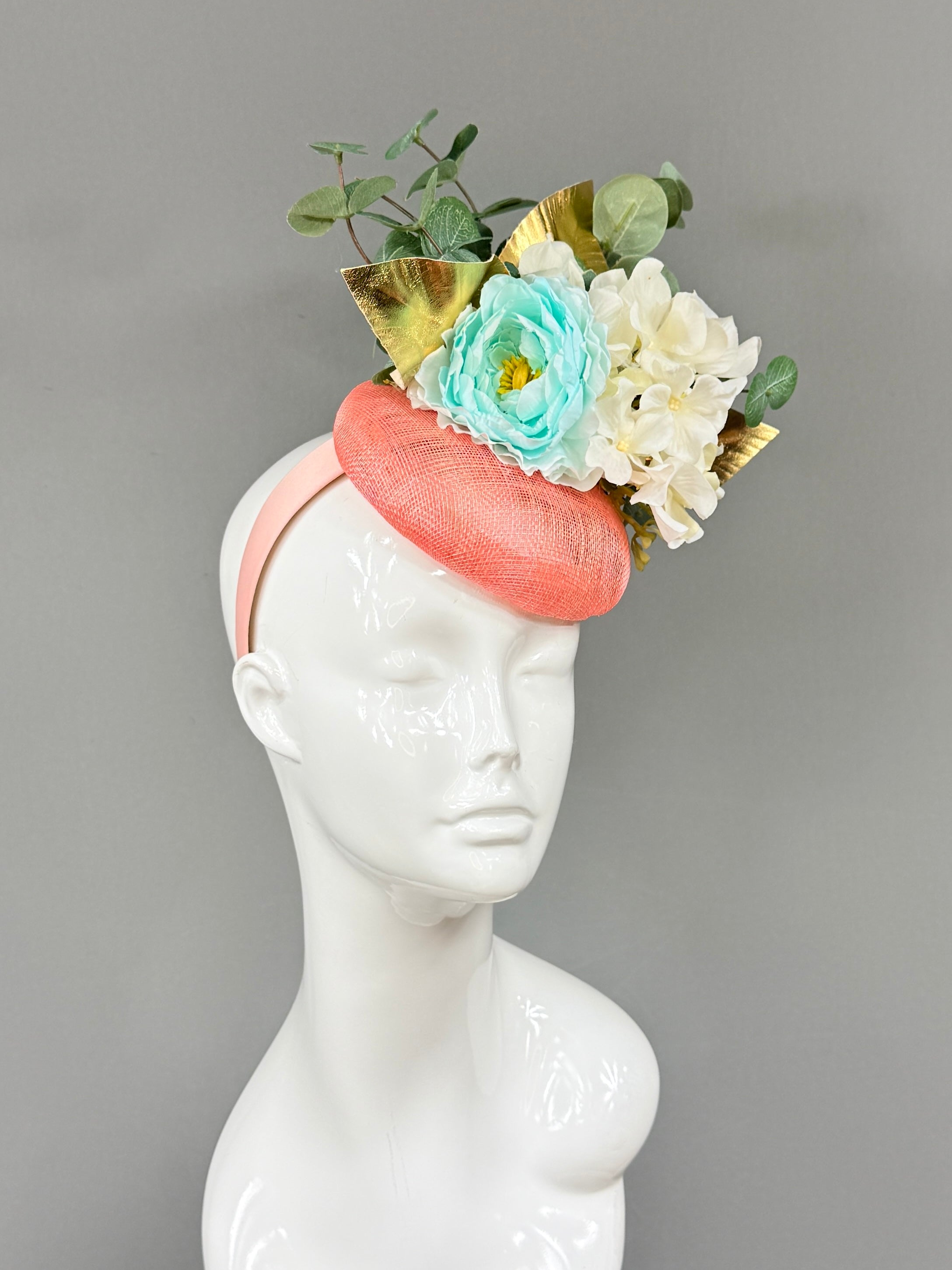 Kentucky Derby Fascinator Hat | Blue, white, green, gold, and peach Headband Hat | Derbyologie