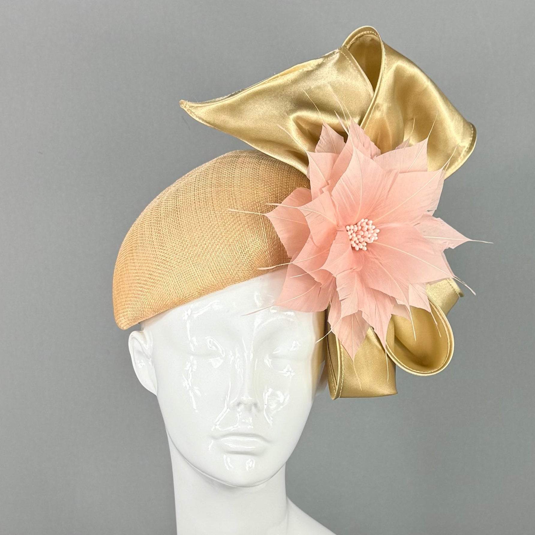 Kentucky Derby Fascinator Hat | Peachy Pink & Gold Bow Headpiece | Derbyologie