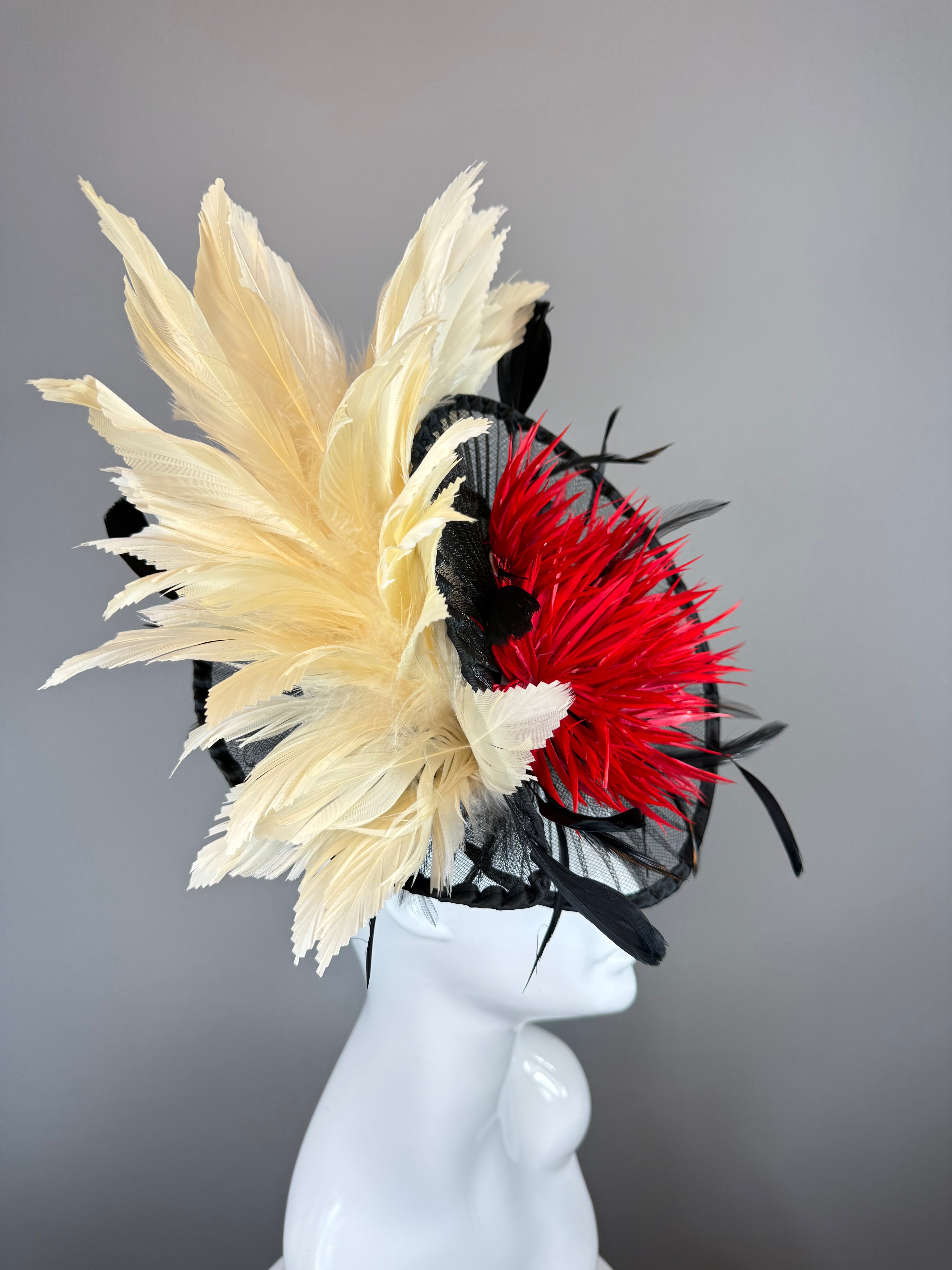 Kentucky Derby Fascinator Hat | Black, red, cream feather Headpiece | Derbyologie