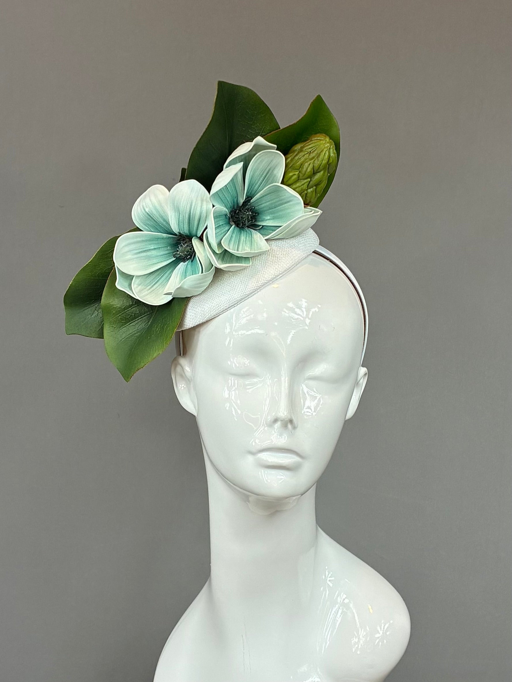Kentucky Derby Fascinator Hat | Blue flowers and white leaves Headband Hat | Derbyologie