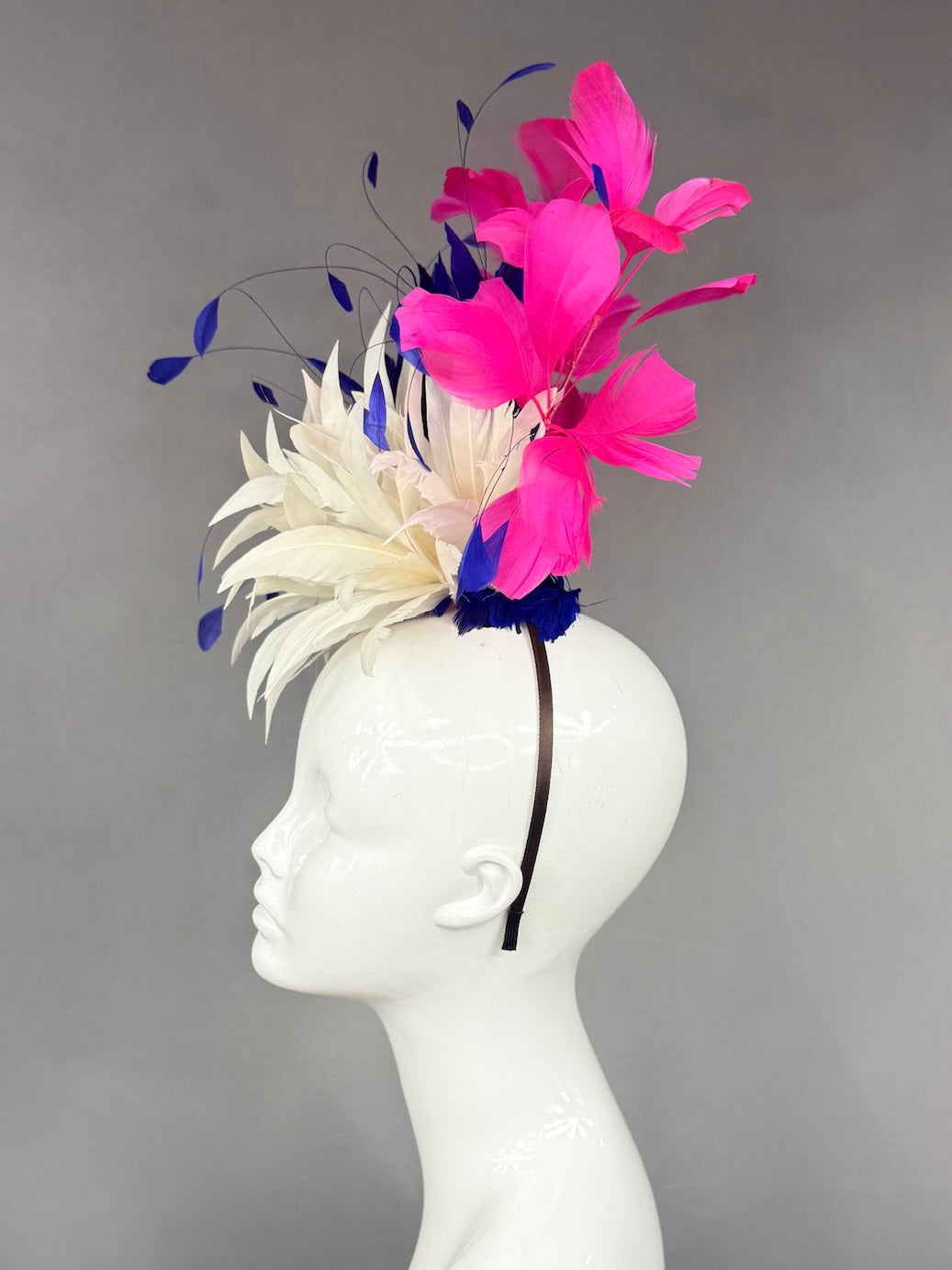 Kentucky Derby Fascinator Hat |  White, navy, and pink feathered  Headpiece | Derbyologie
