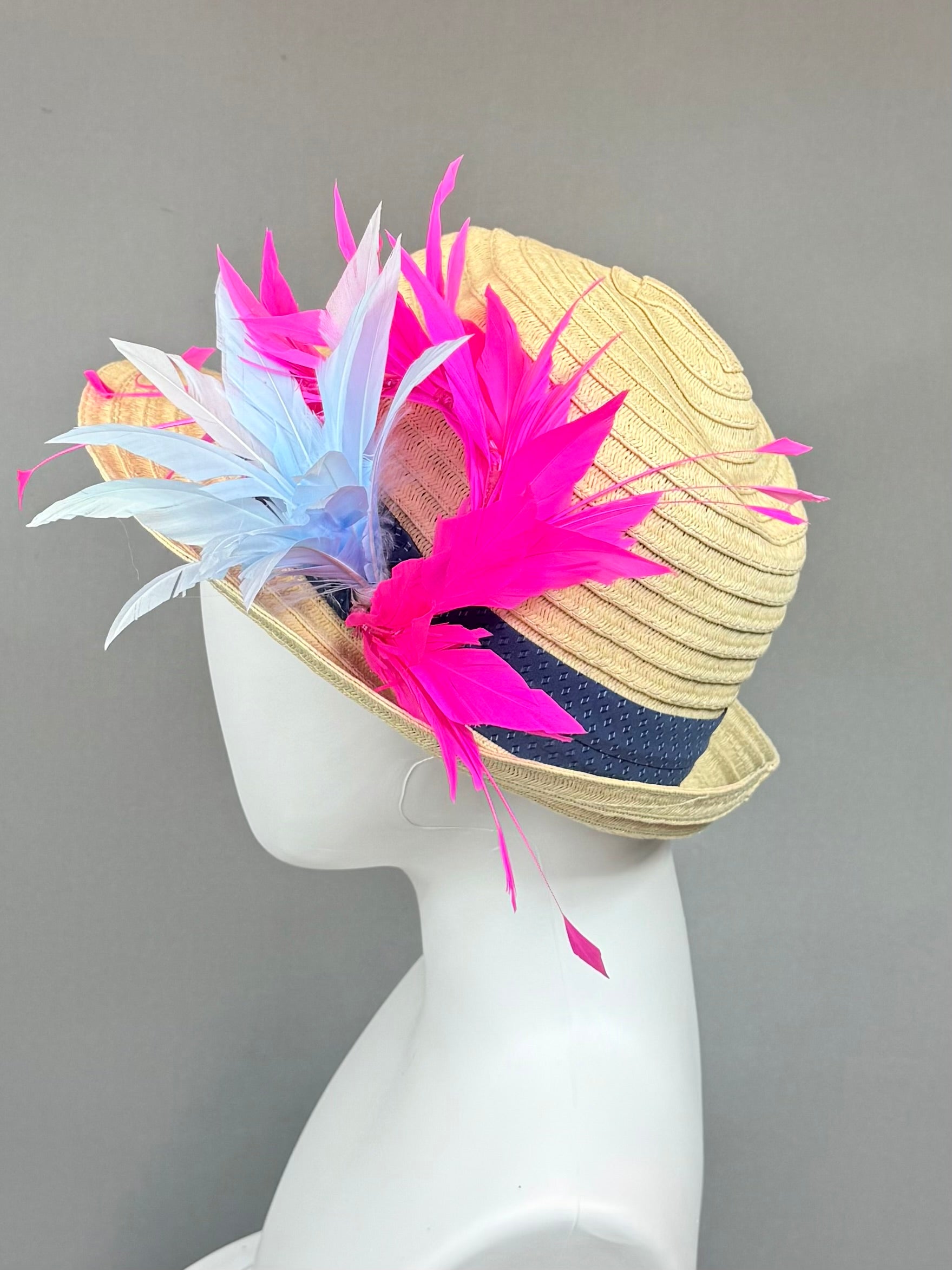 Kentucky Derby Men’s Hat | Straw Fedora, Blue & Pink Feather Hat| Derbyologie