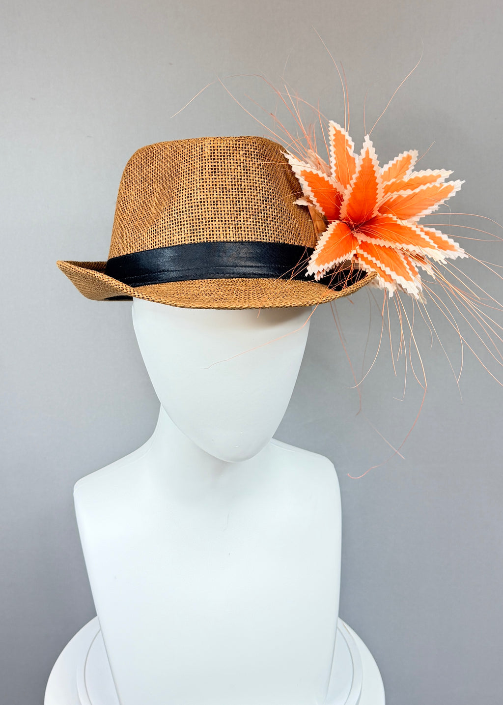 Kentucky Derby Men’s Hat | Brown Straw Fedora, Orange Feather Hat| Derbyologie