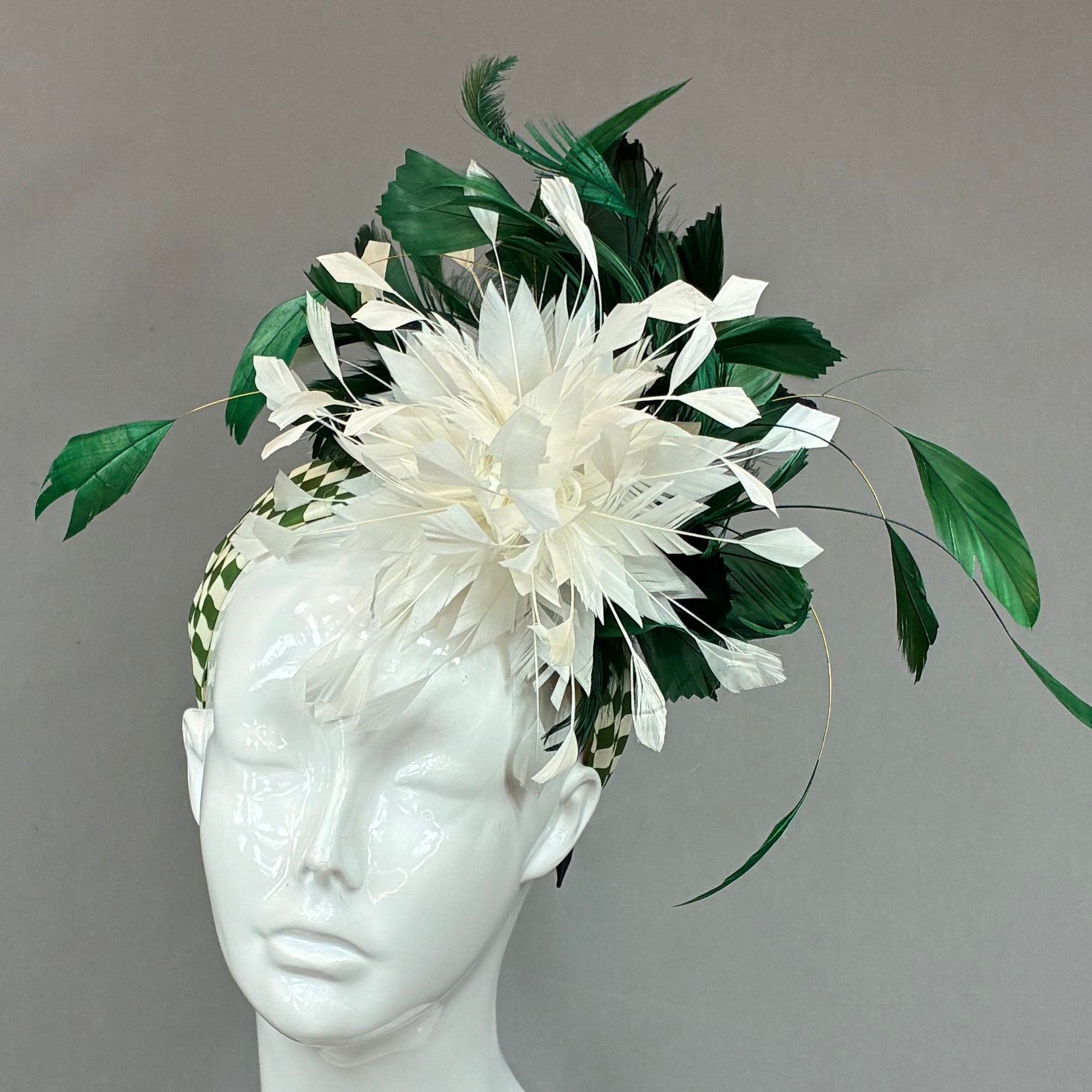 Kentucky Derby Fascinator Hat | Green and white feathered Headband Hat | Derbyologie