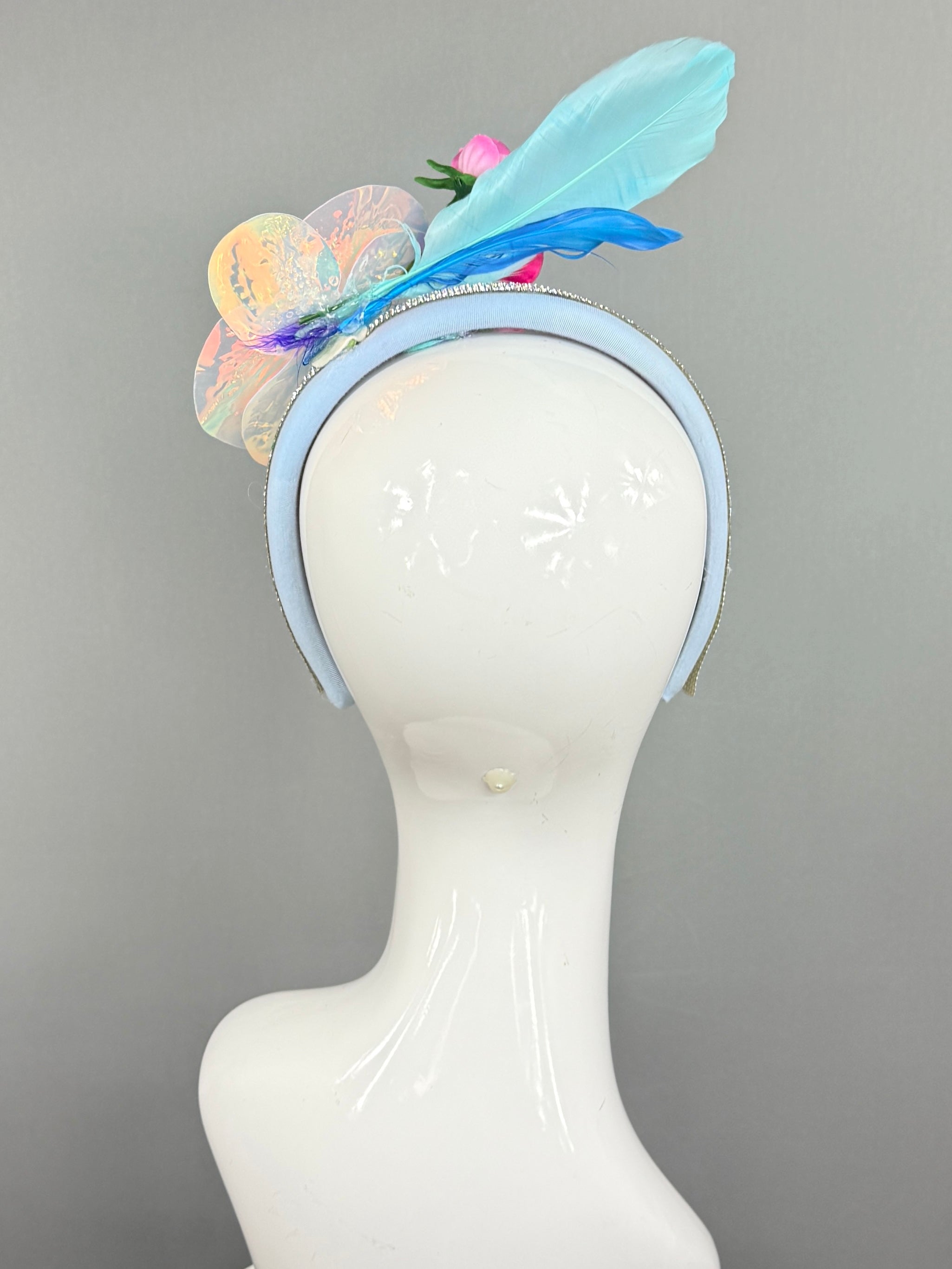 Kentucky Derby Fascinator Hat |Blue, pink, and iridescent Headpiece, created by a 6 year old | Derbyologie
