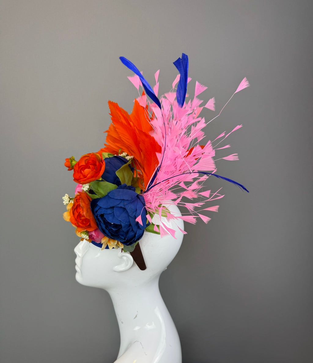 Blue, Orange and Multicolored Kentucky Derby fascinator, Derby Hat Alternative (GOLD LINE)