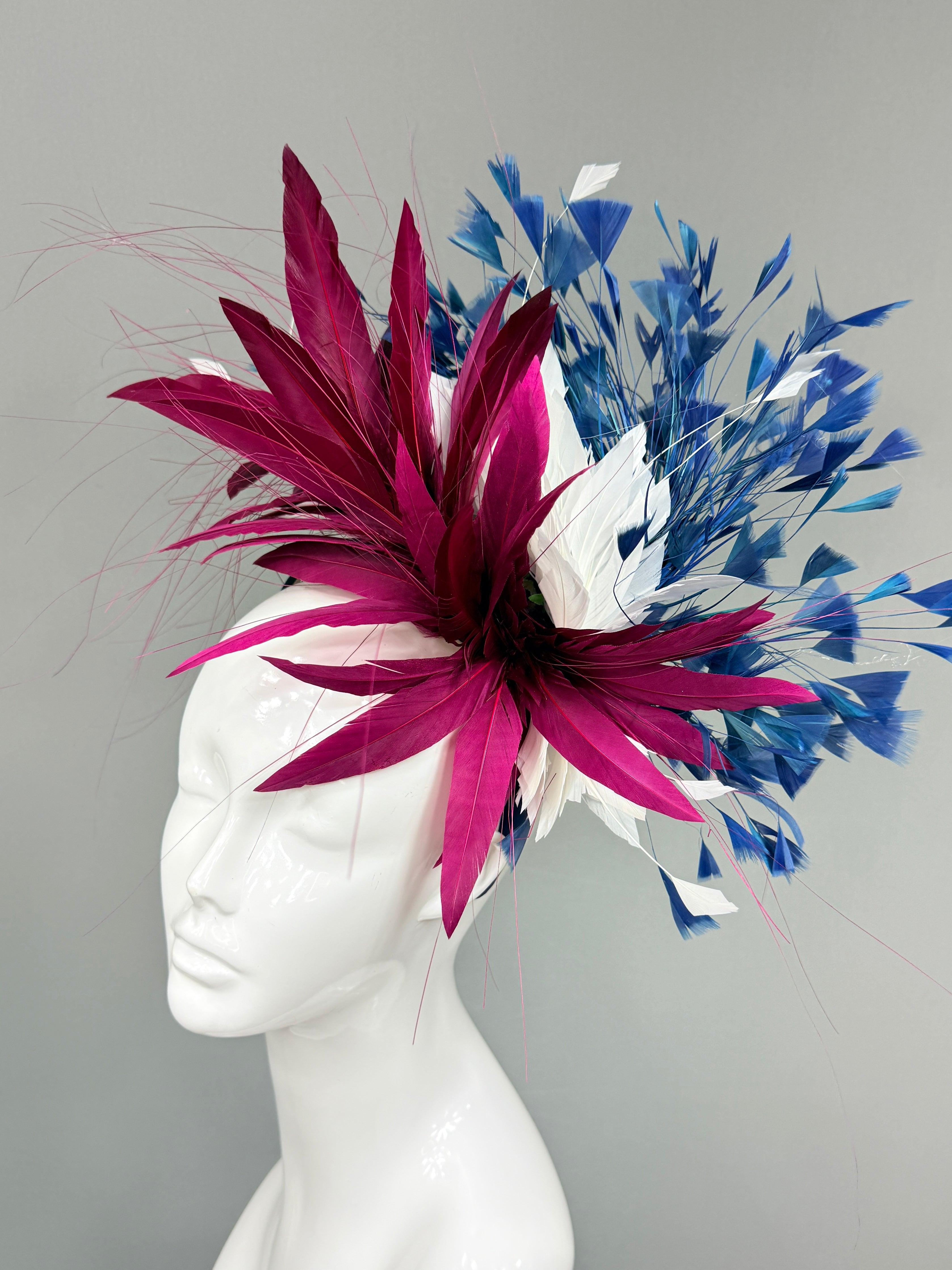 Kentucky Derby Fascinator Hat | Burgundy, white, and blue feathered Headband Hat | Derbyologie