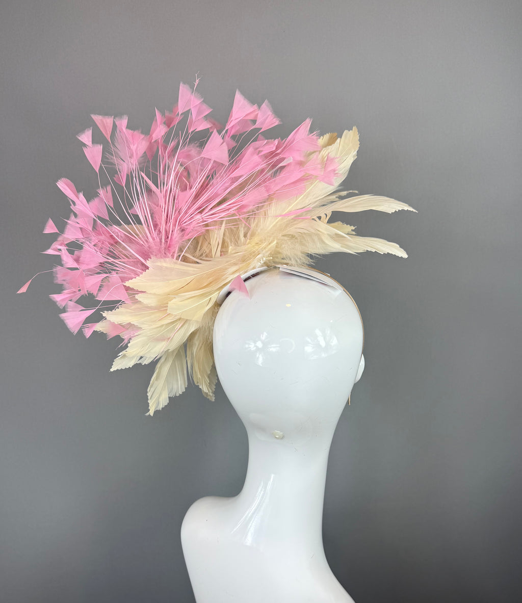 Kentucky Derby Fascinator Hat | Pink & Beige Feather Flower Headpiece | Derbyologie