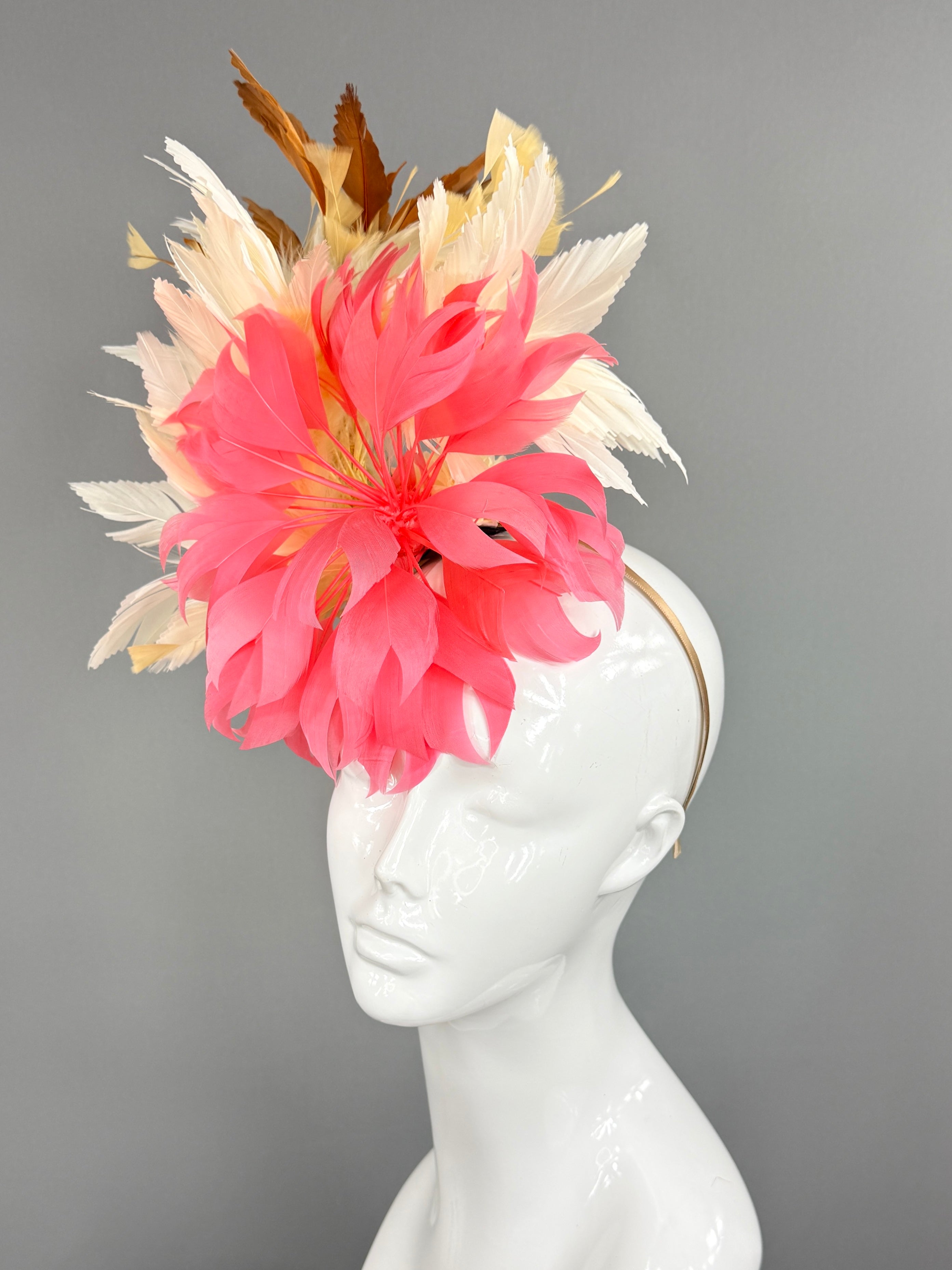Kentucky Derby Fascinator Hat | Pink, white, beige, and brown feathered Headpiece | Derbyologie
