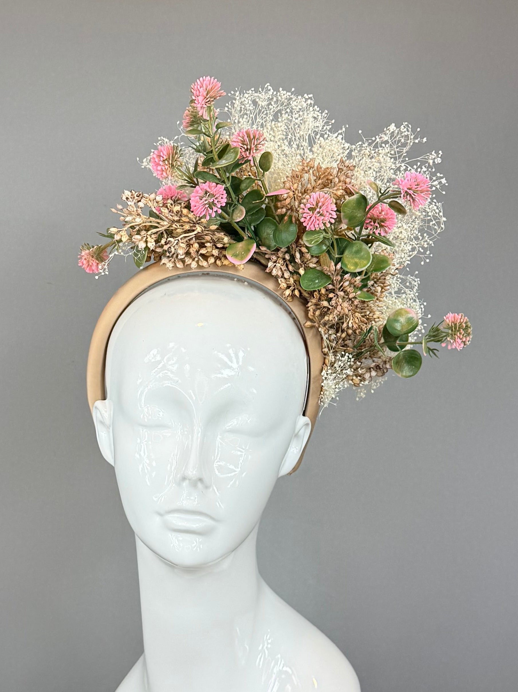 Kentucky Derby Fascinator Hat | Gold, Pink, White, and Green Flower Hat | Derbyologie