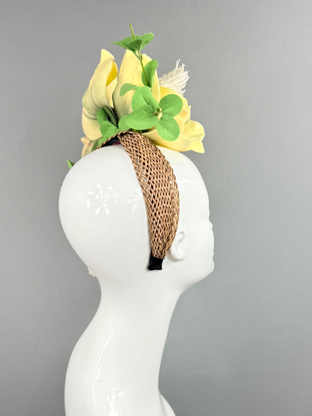 Kentucky Derby Fascinator Hat | Yellow magnolias with green eucalyptus Headpiece | Derbyologie