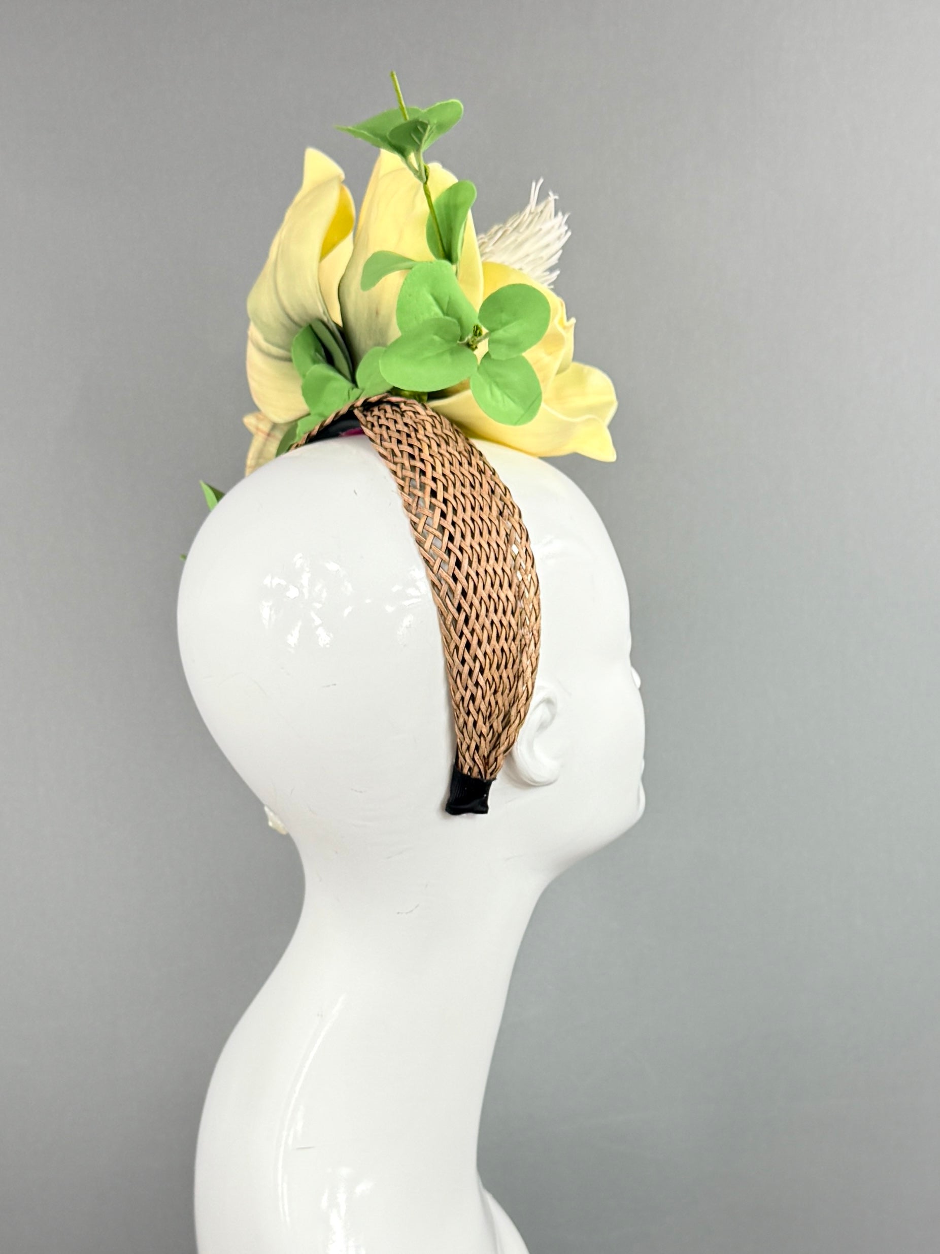 Kentucky Derby Fascinator Hat | Yellow magnolias with green eucalyptus Headpiece | Derbyologie