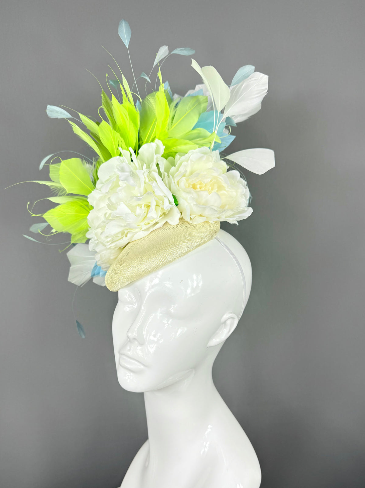 Kentucky Derby Fascinator Hat |White, Lime & Blue Feather Headpiece | Derbyologie
