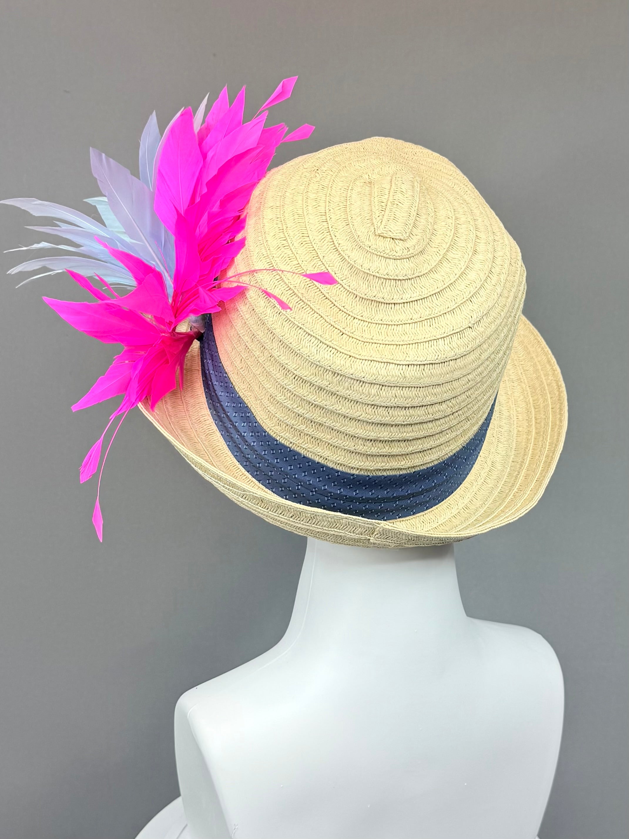 Kentucky Derby Men’s Hat | Straw Fedora, Blue & Pink Feather Hat| Derbyologie