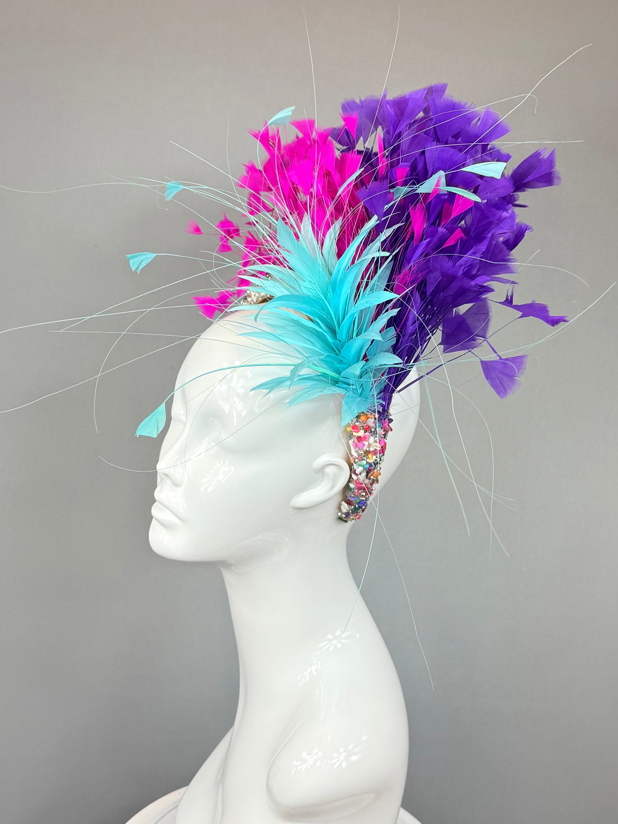 Kentucky Derby Fascinator Hat | Pink, Purple, Turquoise Feather Headpiece| Derbyologie