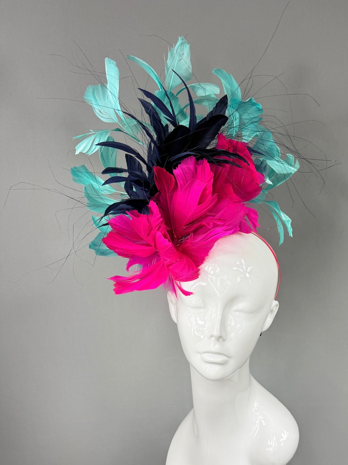 Kentucky Derby Fascinator Hat | Pink, navy, and teal feathered Headpiece | Derbyologie