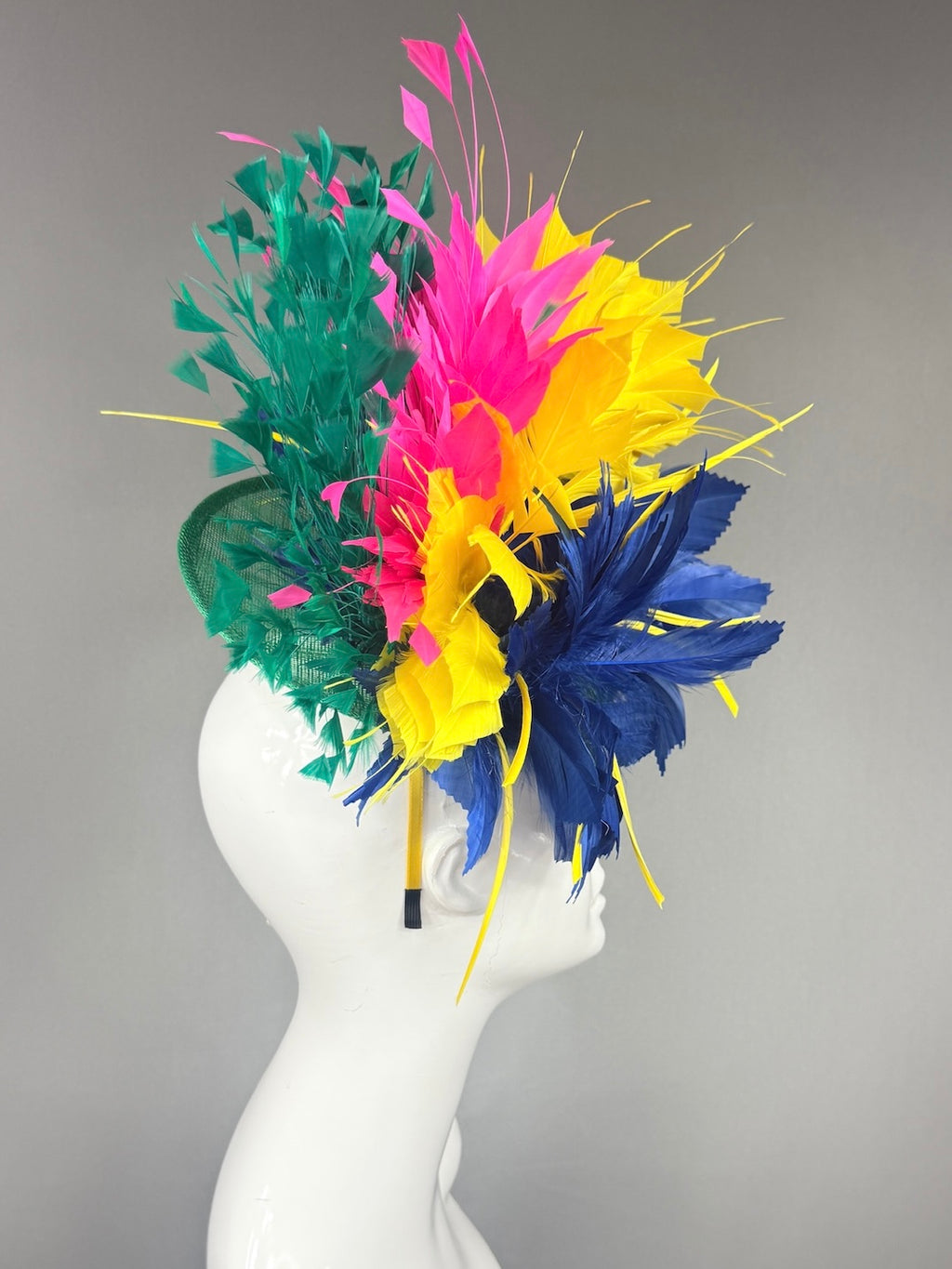 Kentucky Derby Fascinator Hat |  Navy, yellow, pink, and green feathered Headpiece | Derbyologie
