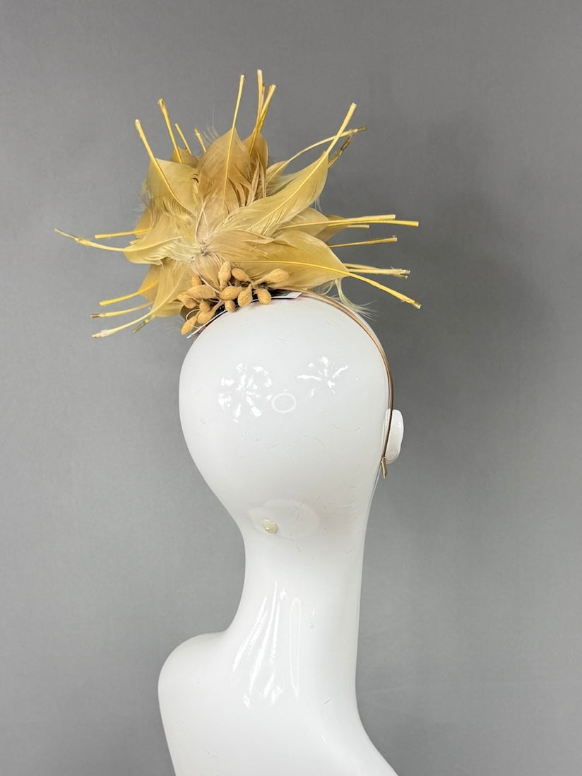 Kentucky Derby Fascinator Hat | Gold feathered dahlia Headpiece | Derbyologie