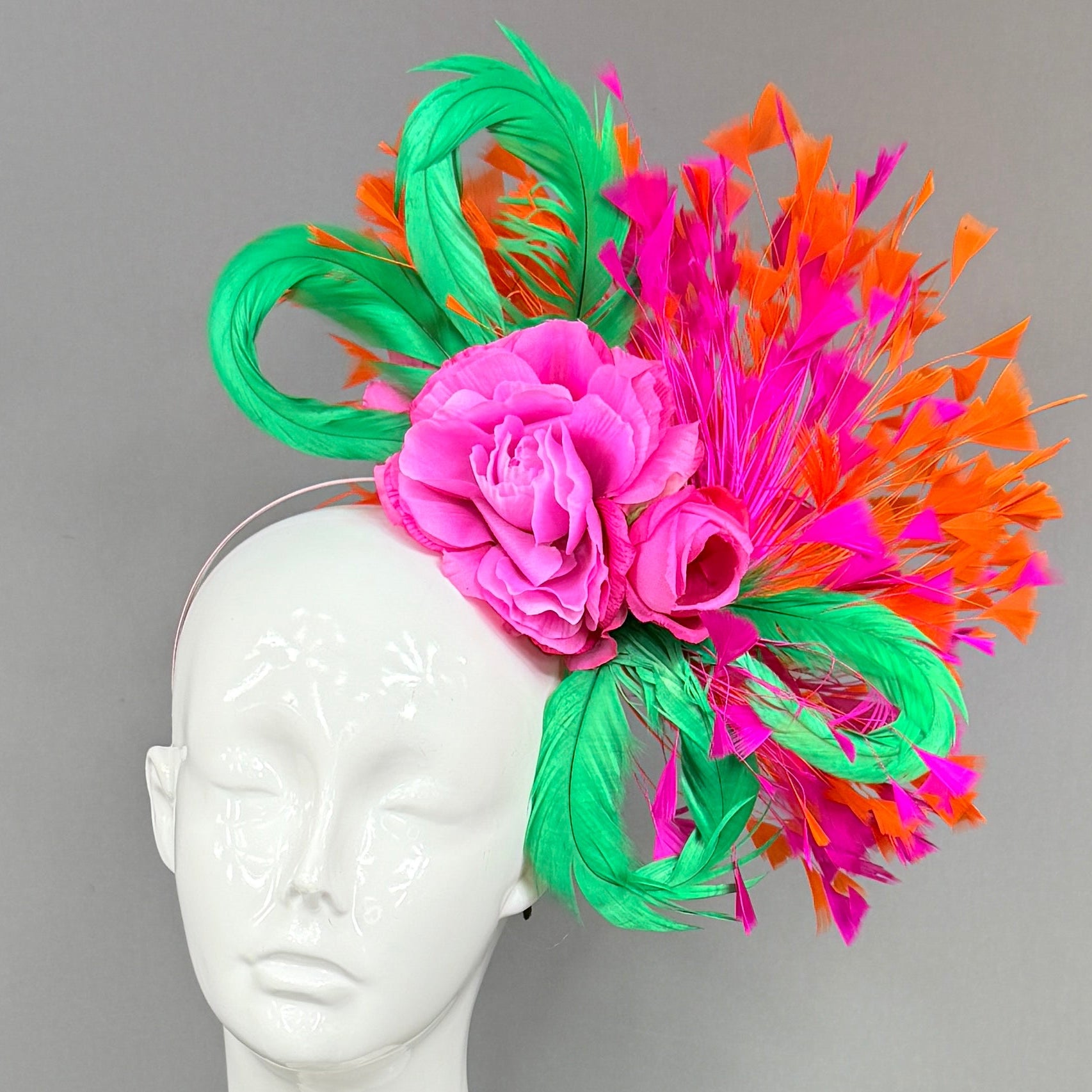 Kentucky Derby Fascinator Hat | Orange, pink, and green feathered Headband Hat | Derbyologie