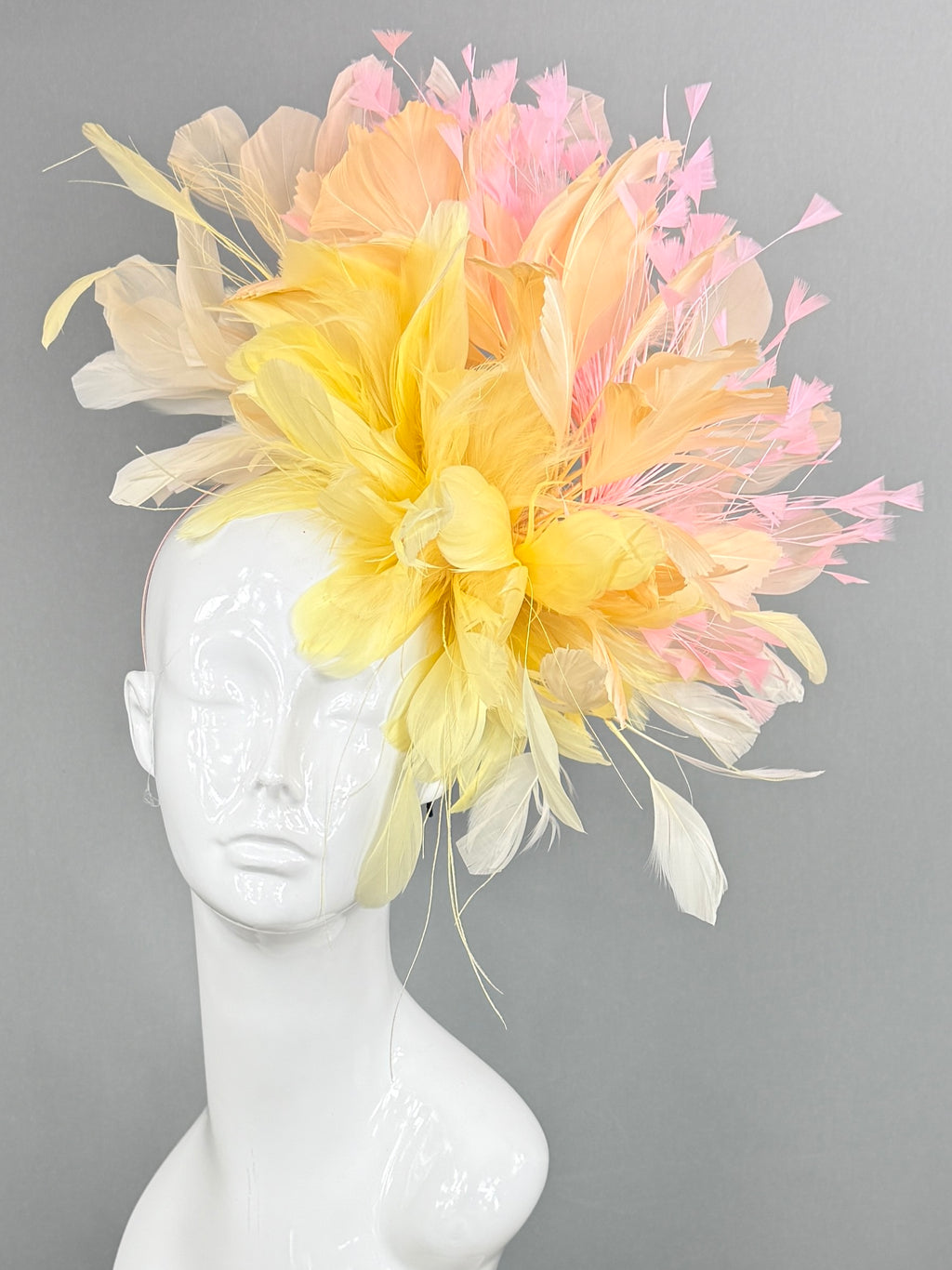 Kentucky Derby Fascinator Hat | Yellow, pink, and beige feathered Headpiece | Derbyologie
